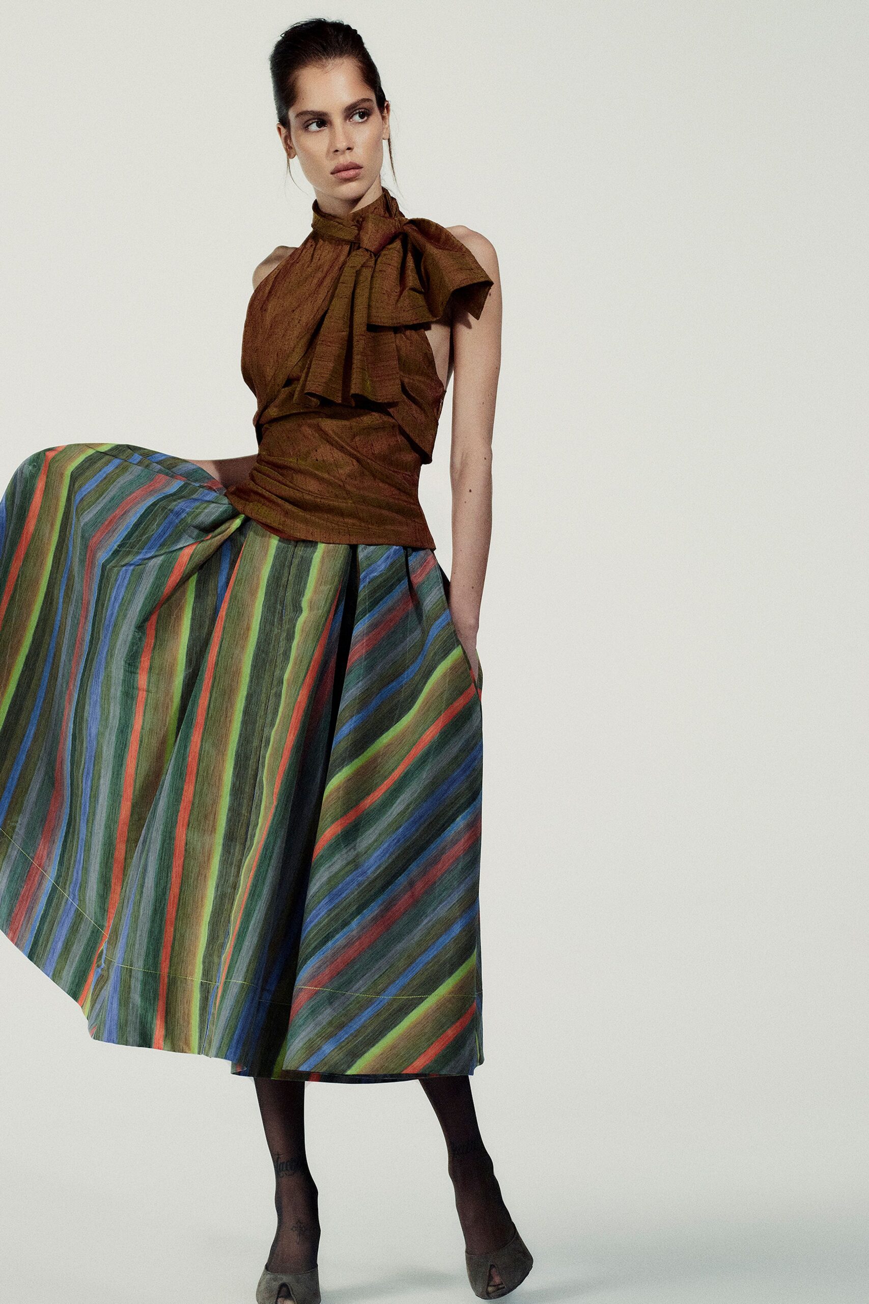 multi cotton relaxed a-line pleated midi skirt