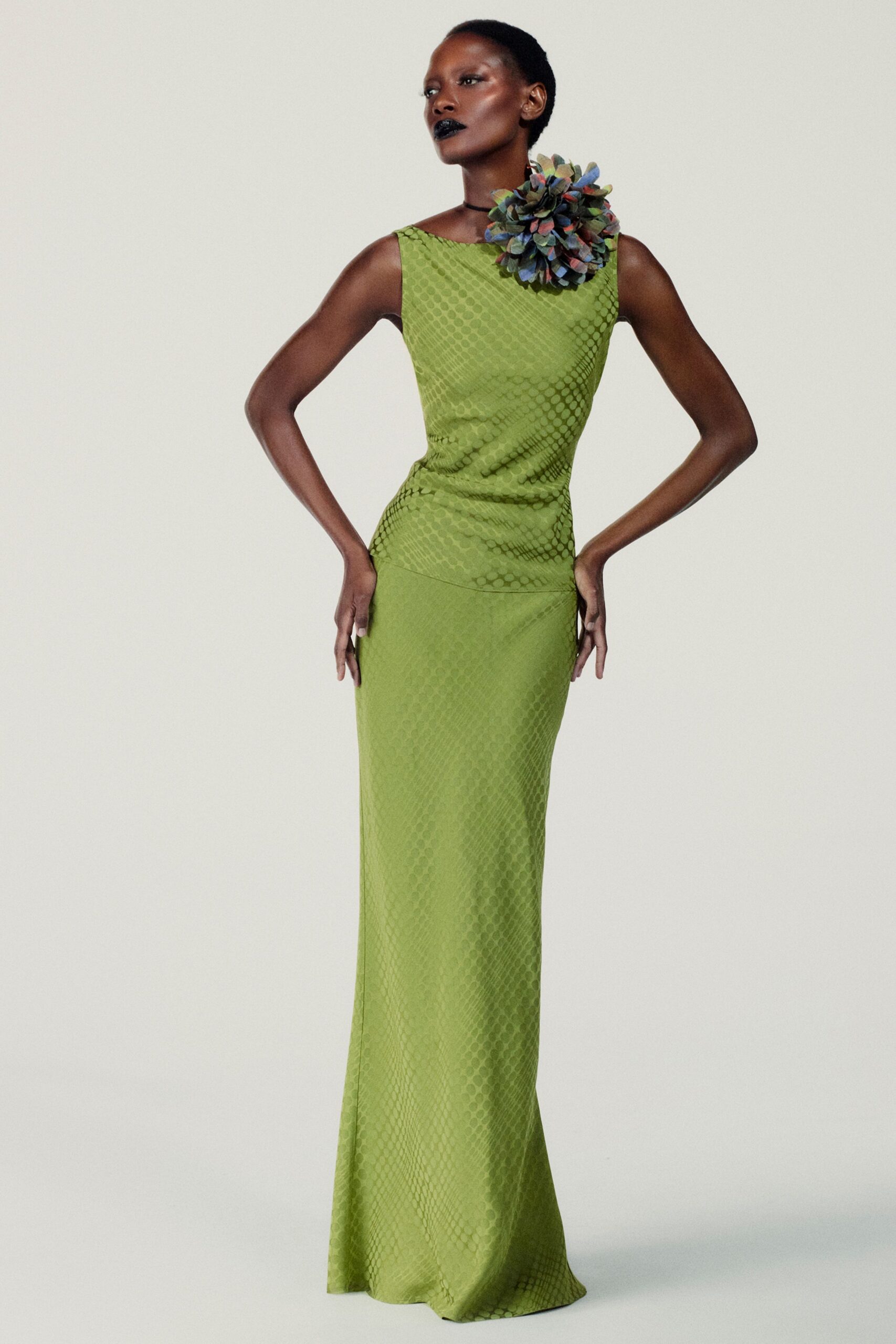 fitted green silk gown