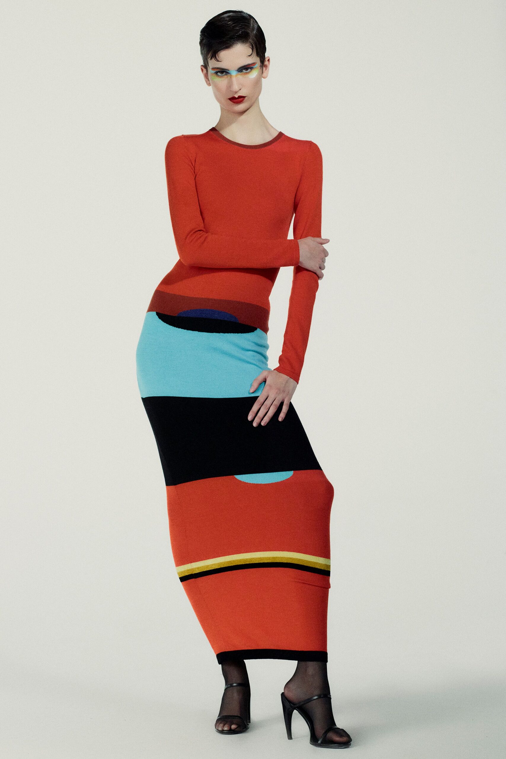 color-blocked fitted maxi dress with heels