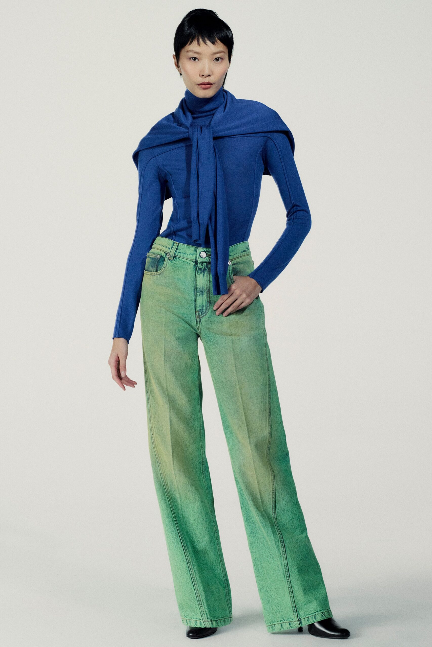 green denim relaxed wide-leg pants