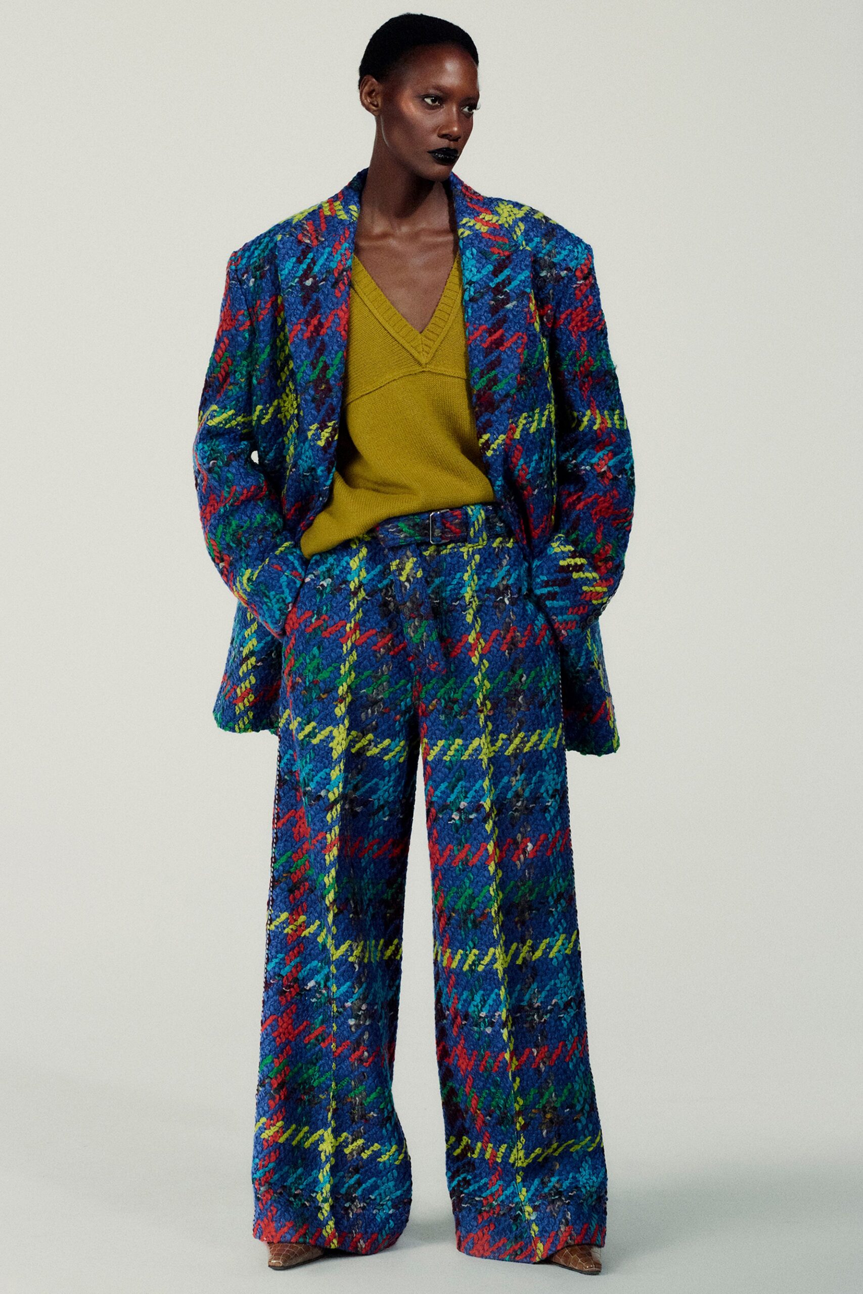colorful tweed blazer and pants