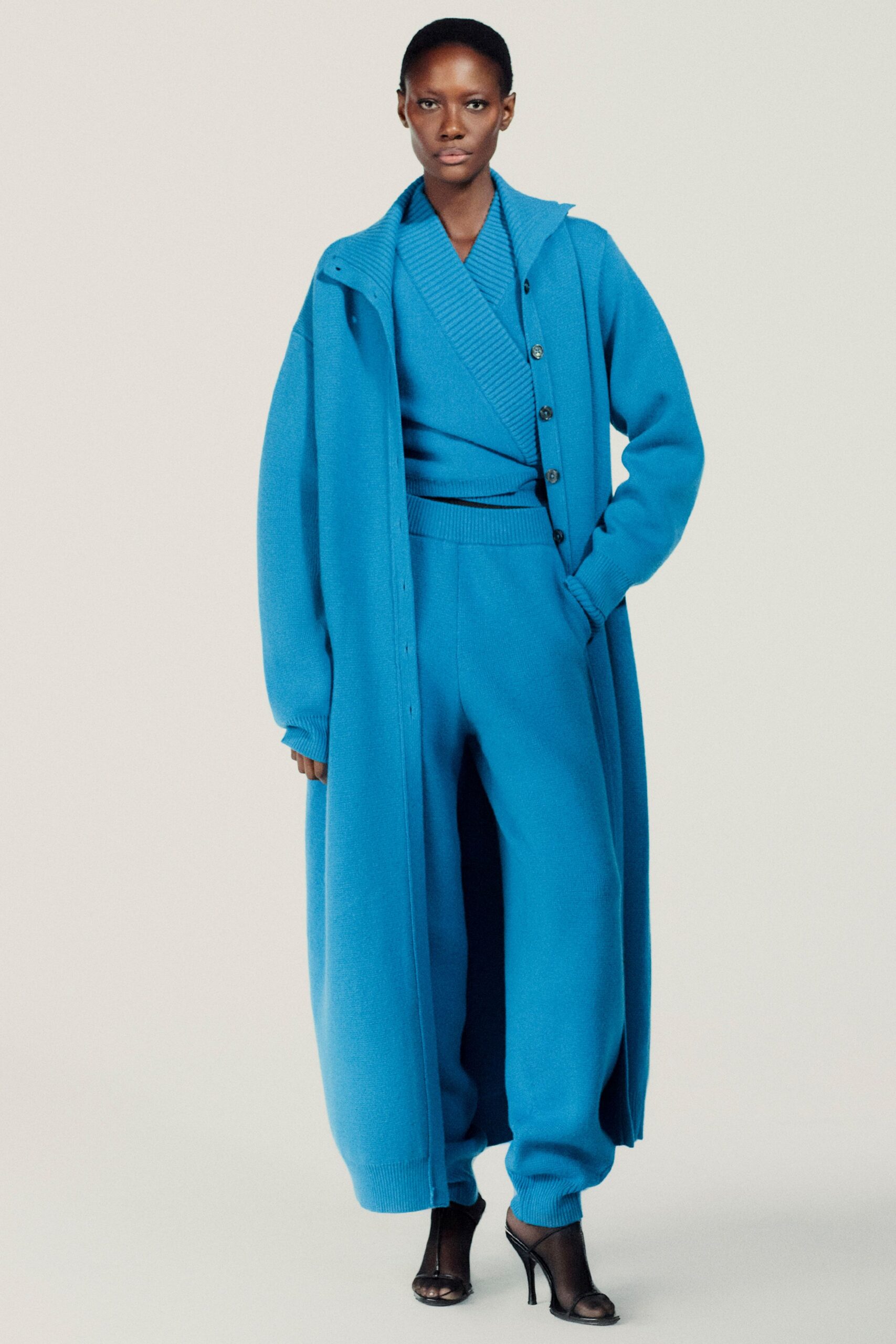 blue wool long-sleeve collared relaxed maxi coat