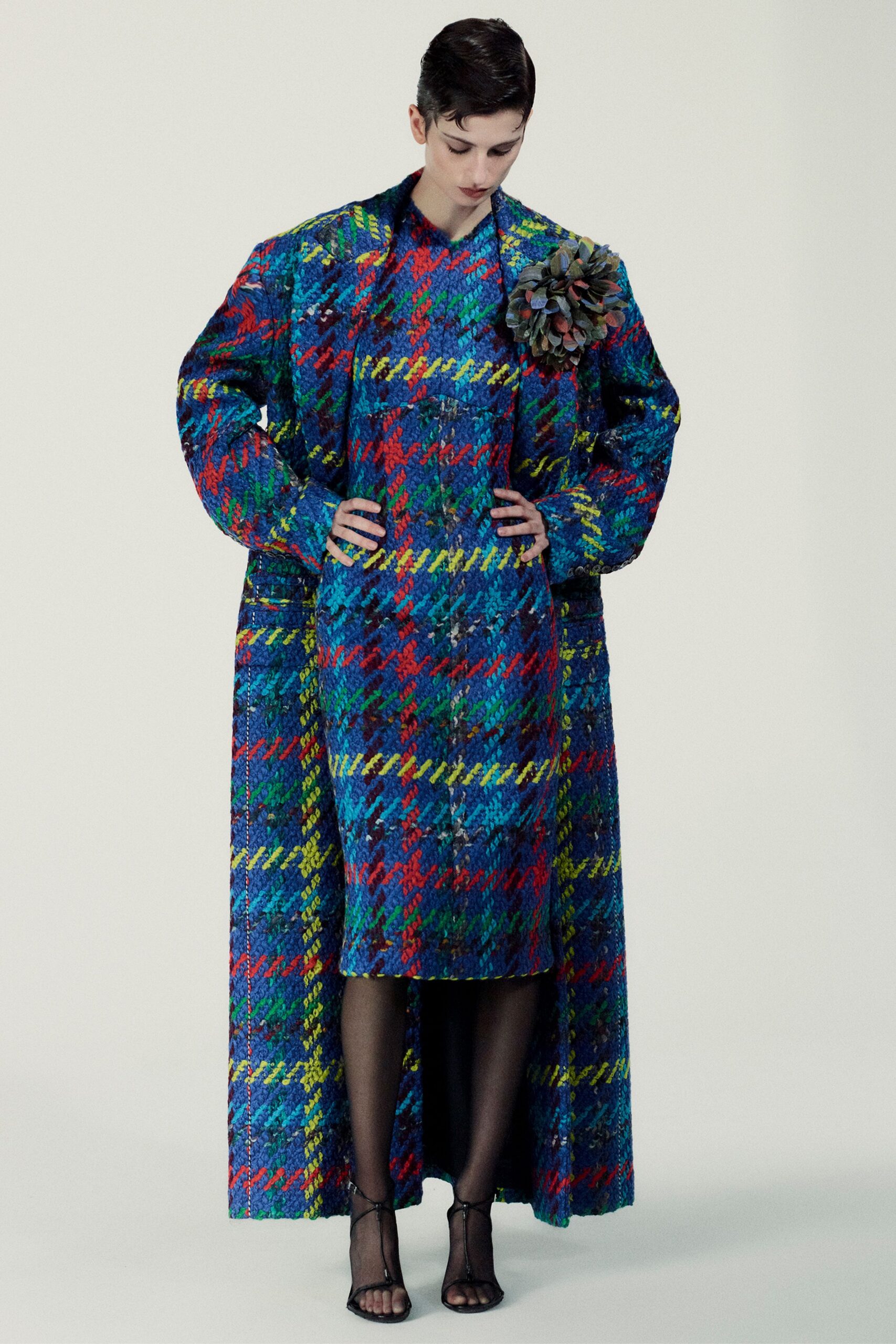blue wool long-sleeve oversized checked midi coat