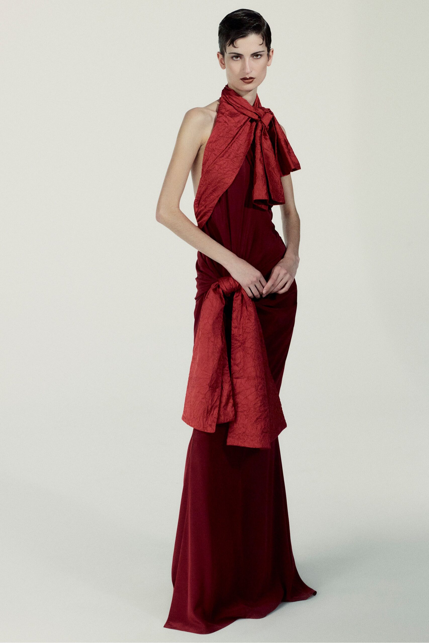 red silk halter gown