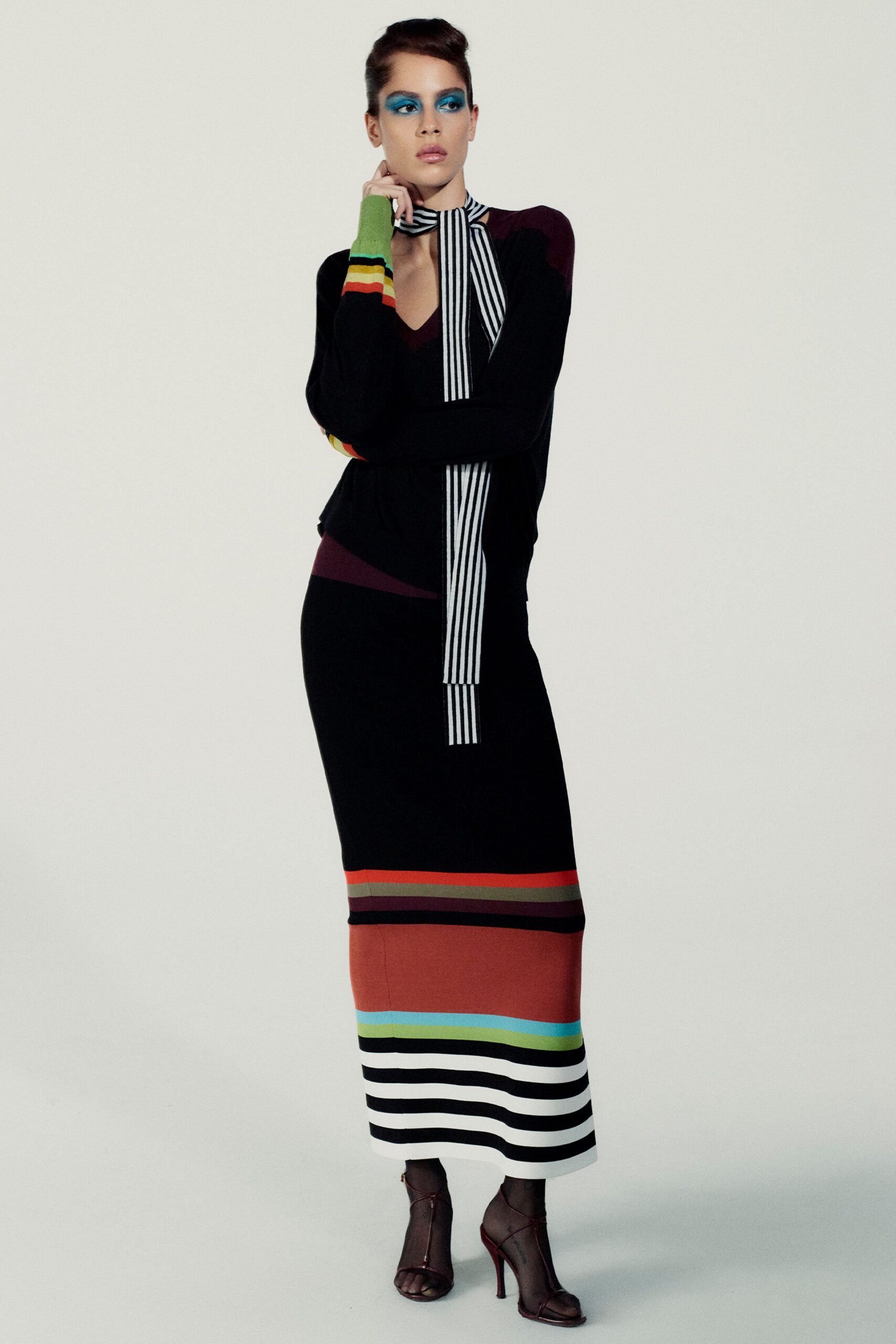 striped black maxi dress with scarf