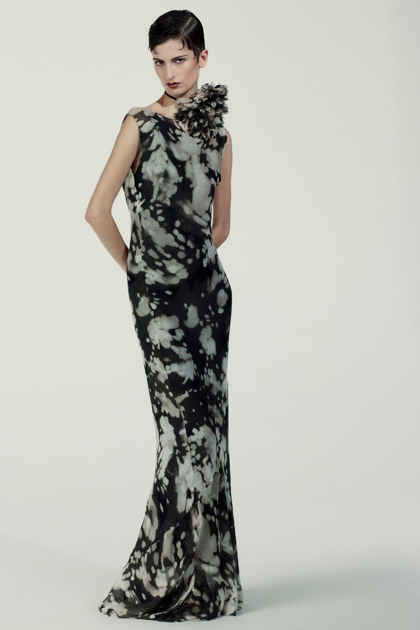 black and white printed gown