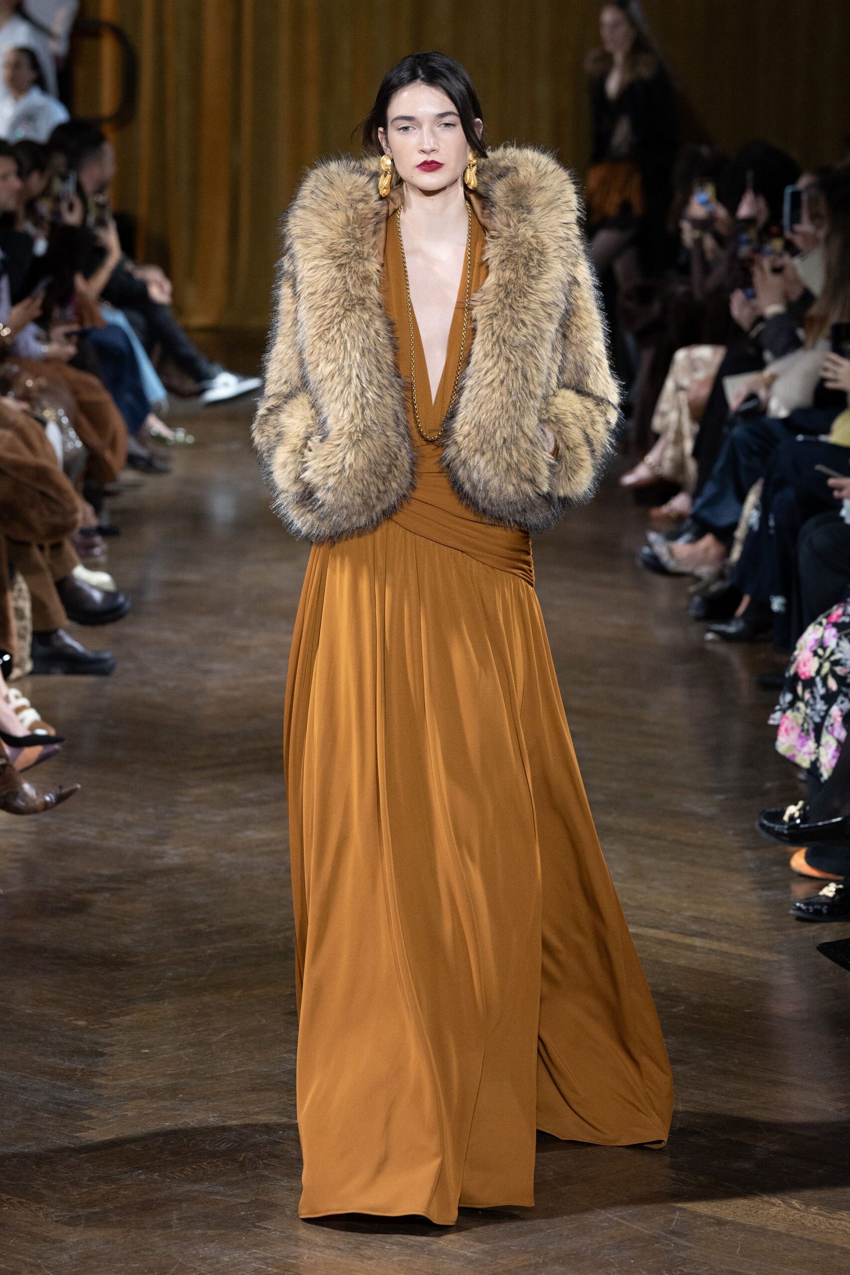 brown silk long-sleeve v-neck fitted draped maxi gown
