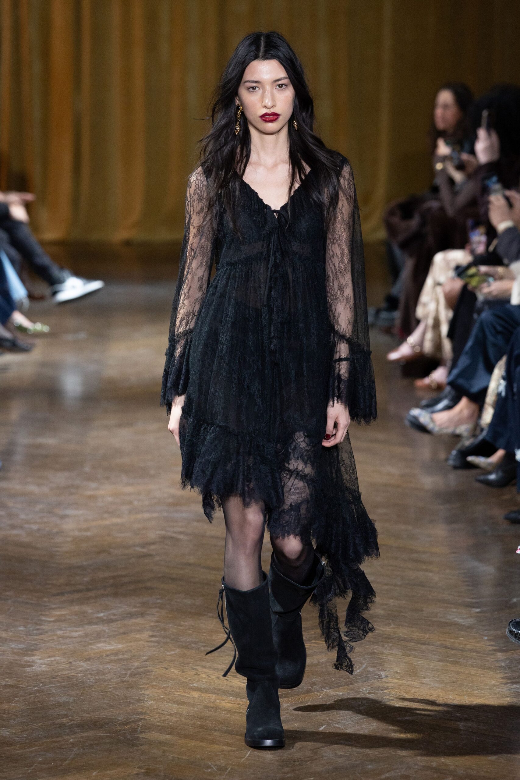 black lace long-sleeve v-neck fitted layered ruffled dress