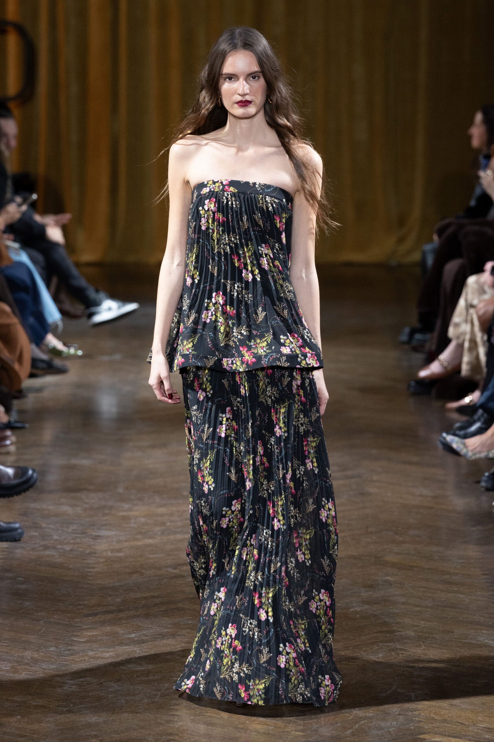 black floral pleated gown