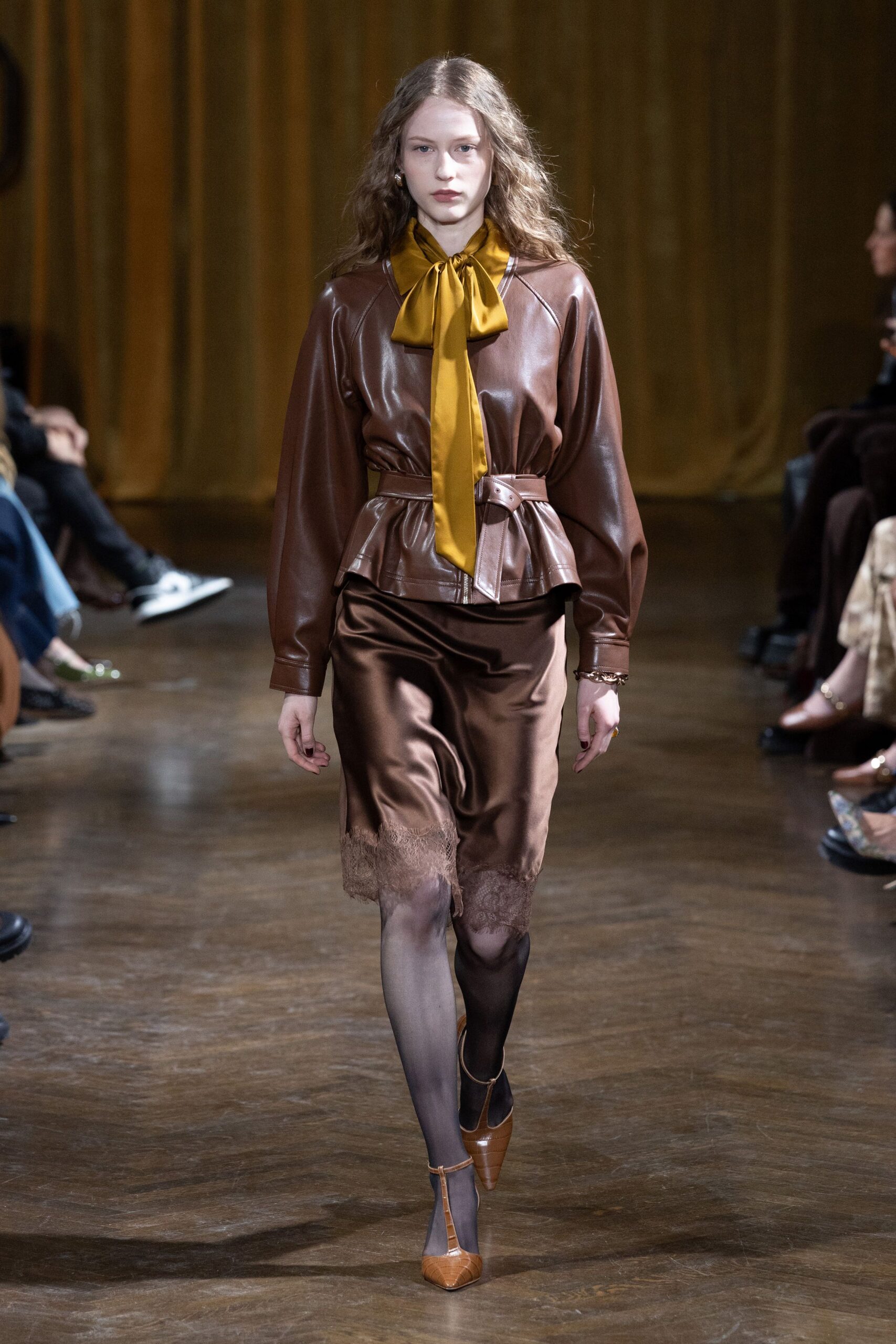 brown leather long-sleeve collared fitted belted jacket