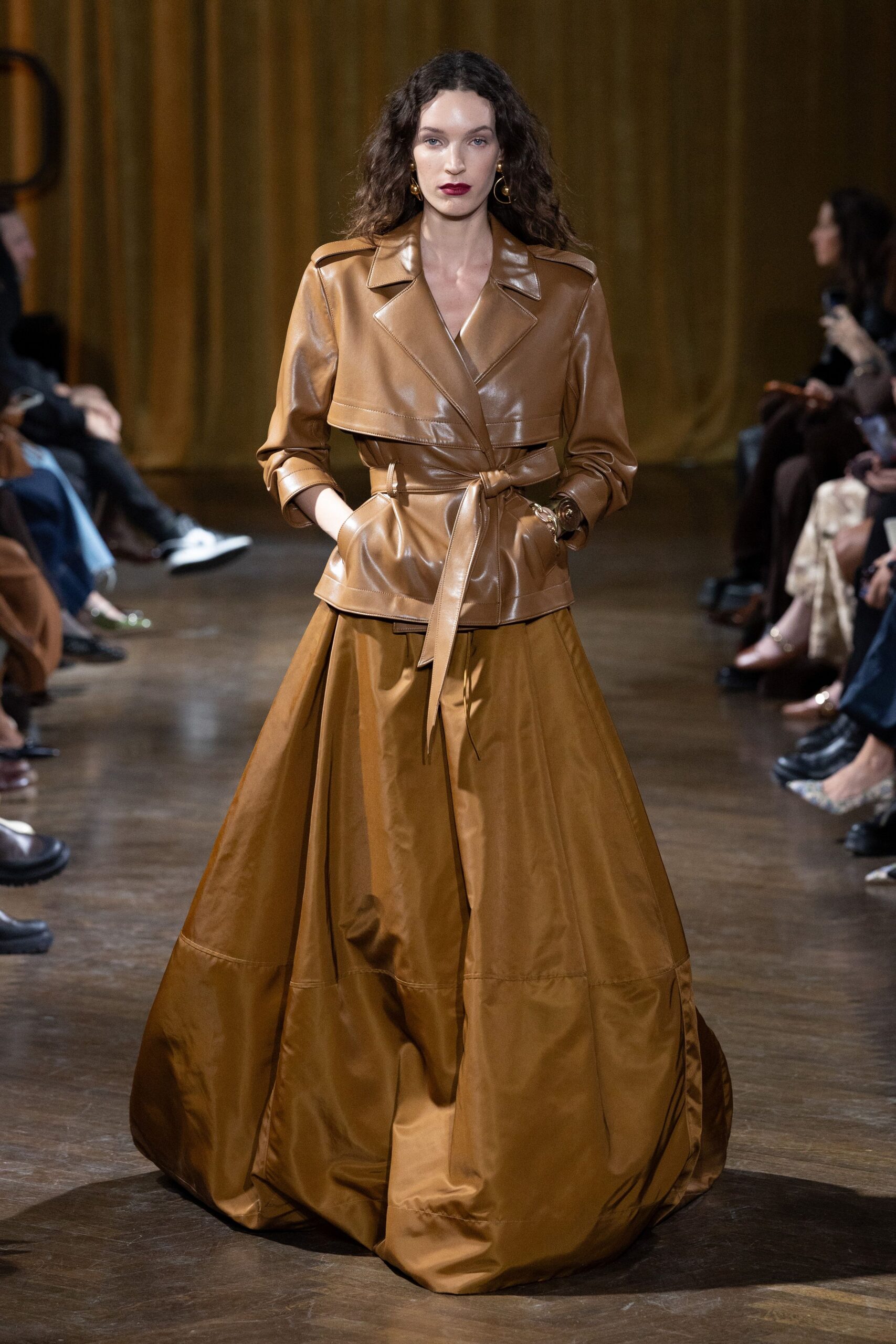 brown leather long-sleeve collared fitted belted jacket