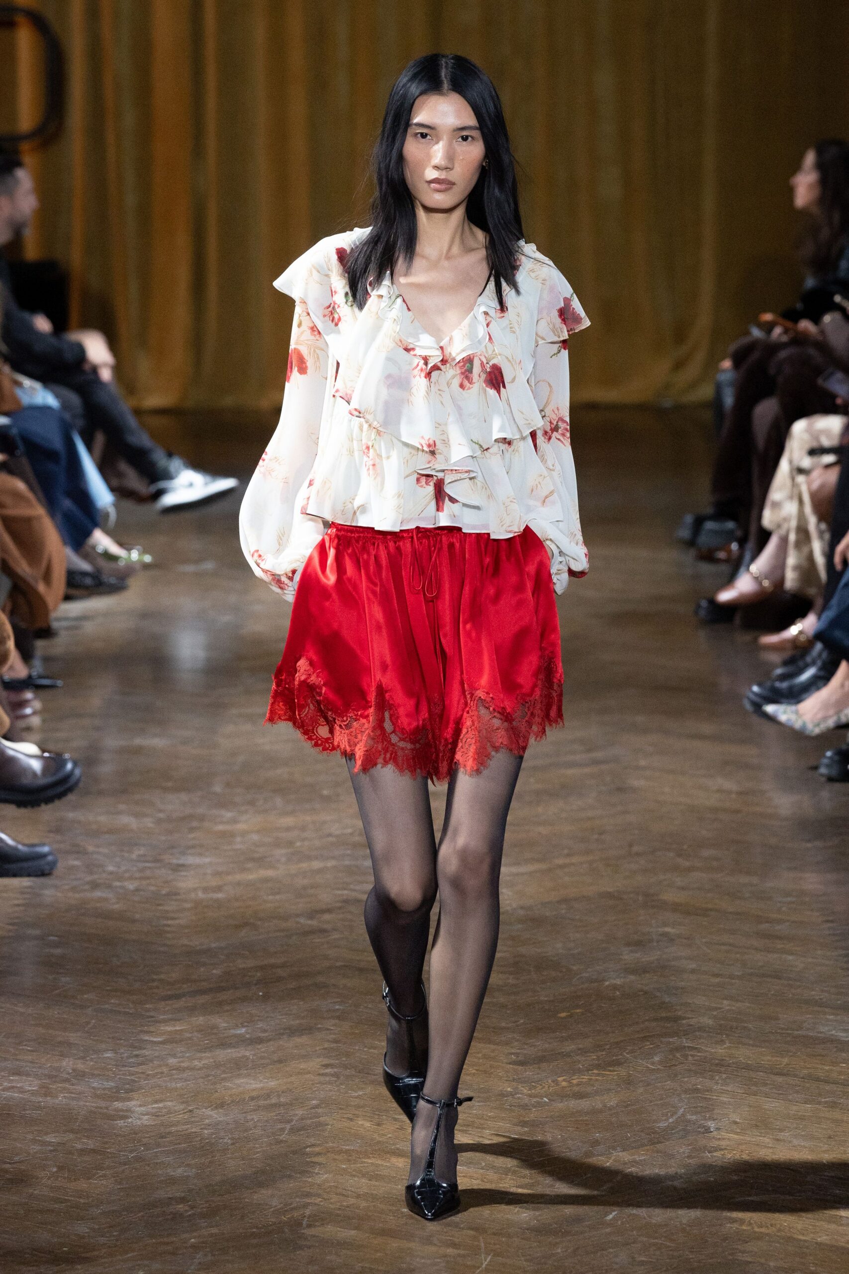 red silk fitted layered mini skirt