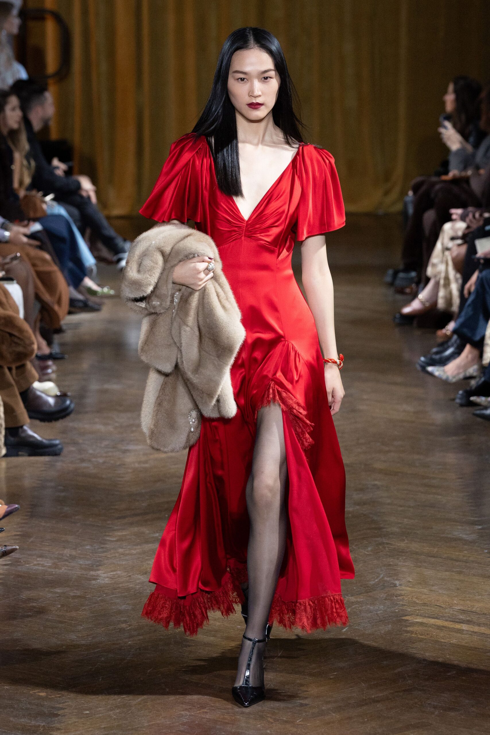 red silk short-sleeve v-neck fitted ruffled midi gown