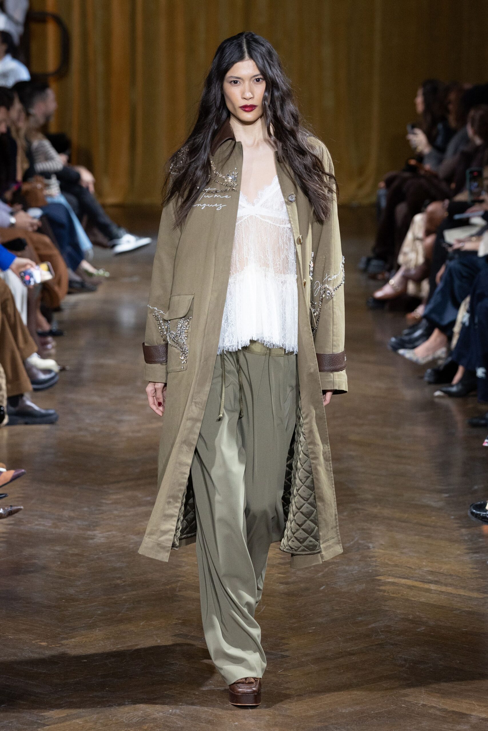 beige embroidered coat with lace top