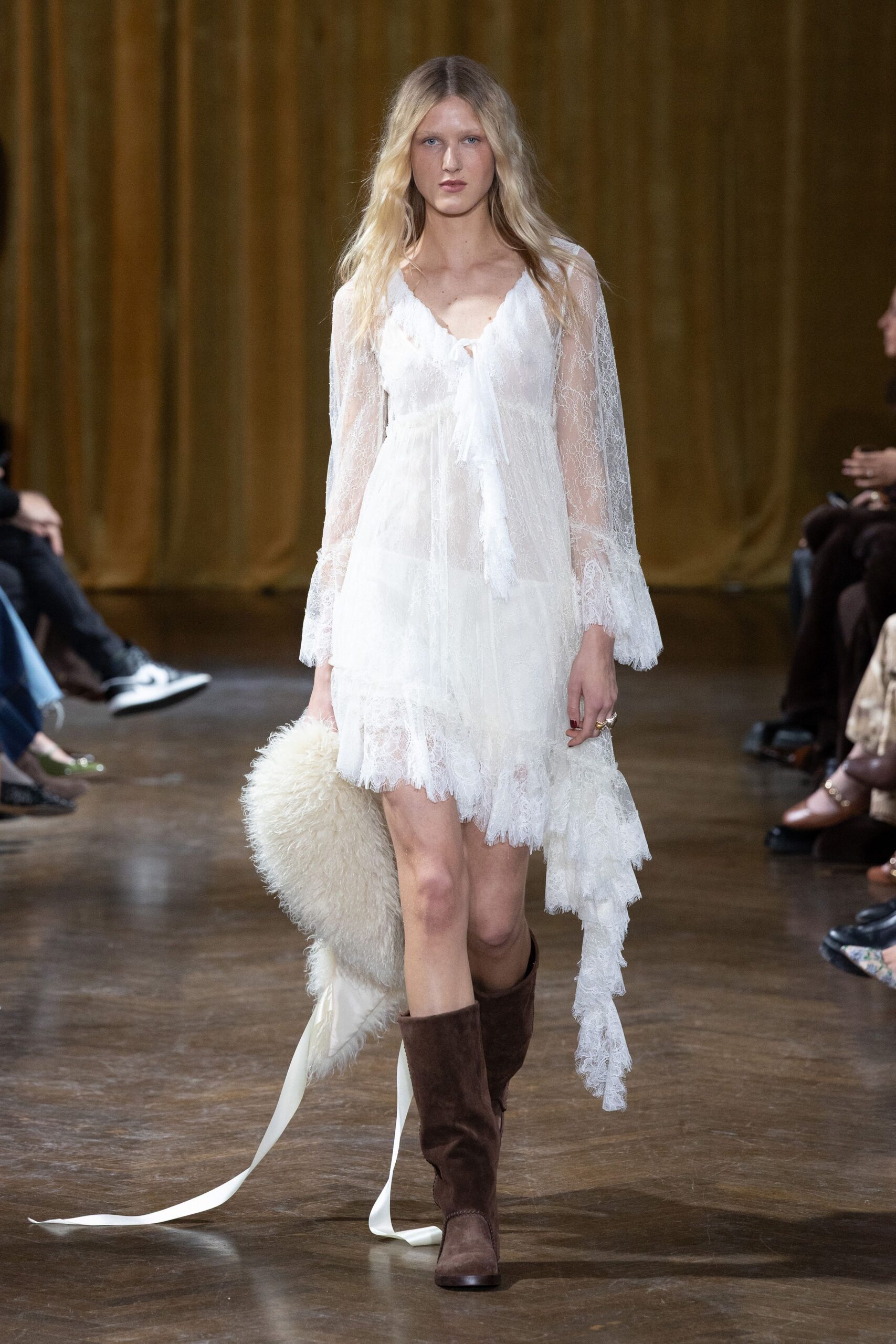 white lace long-sleeve v-neck fitted ruffled layered dress