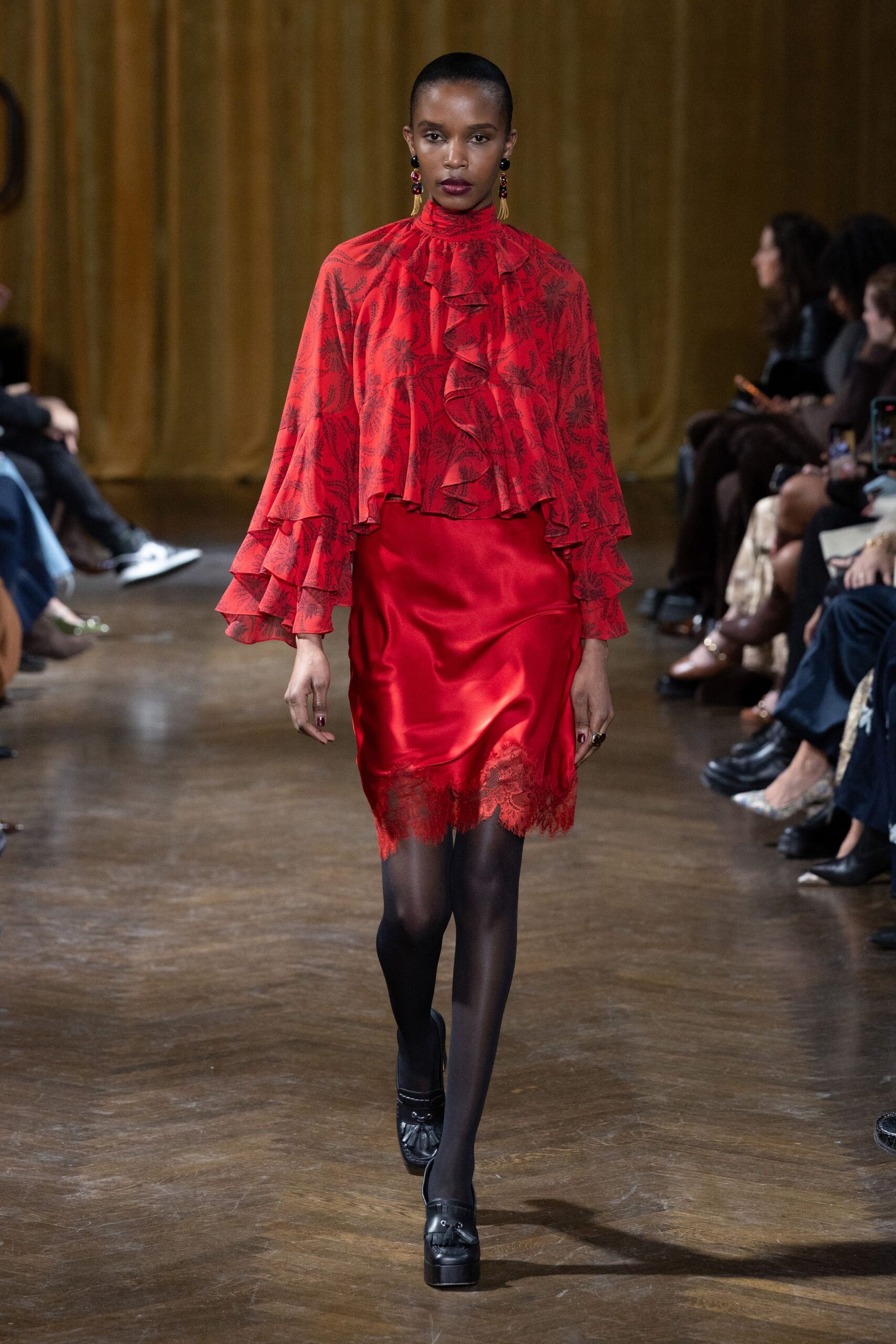 red silk fitted layered mini skirt
