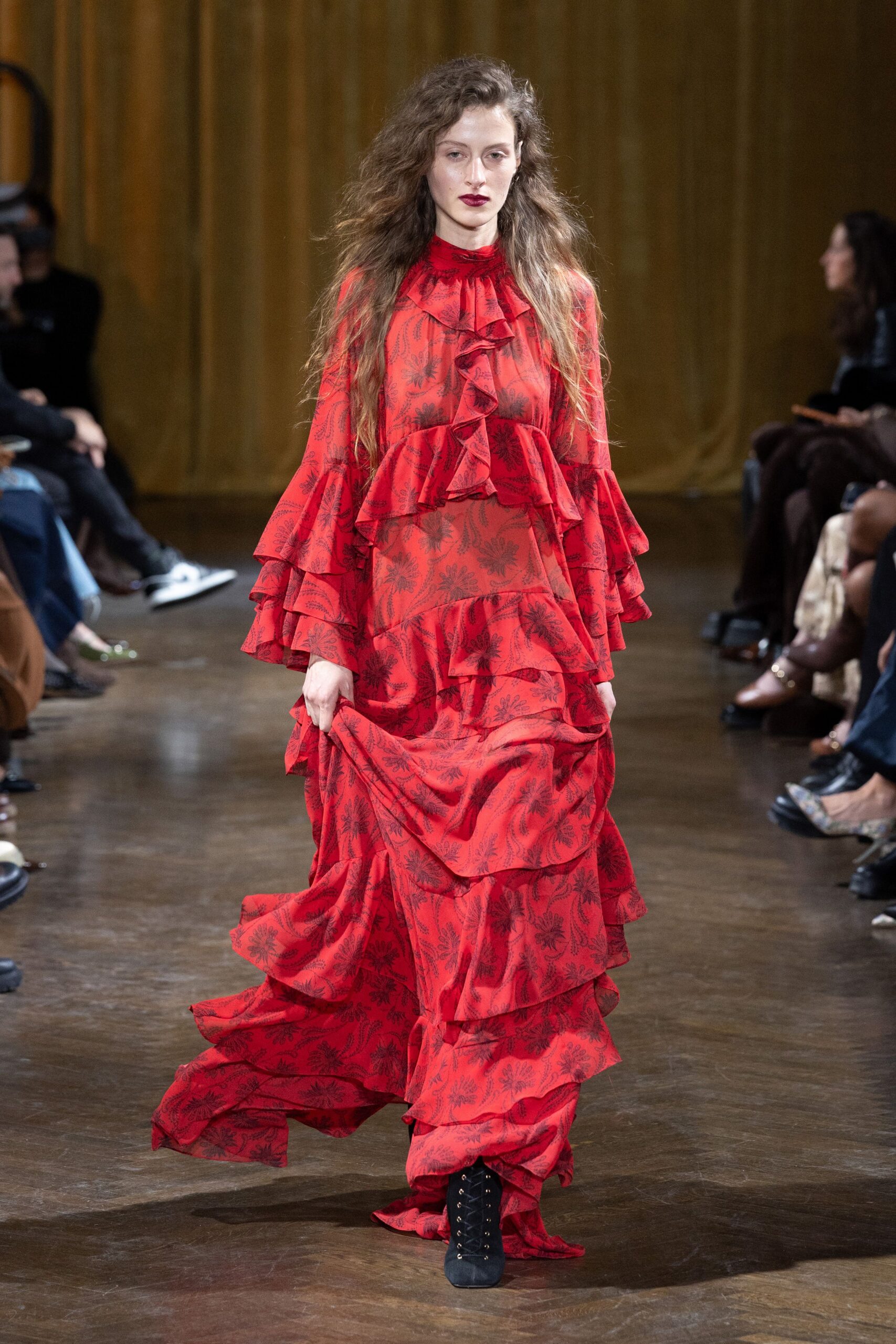 red silk long-sleeve high-neck relaxed floral ruffled gown