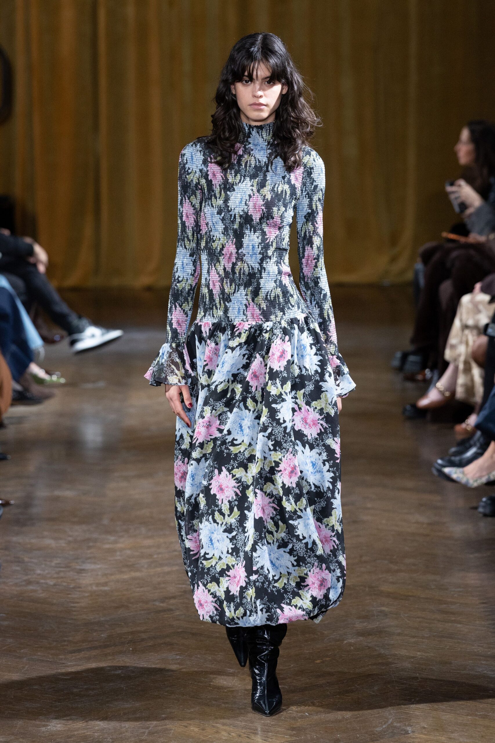 blue silk long-sleeve high-neck fitted floral tiered dress