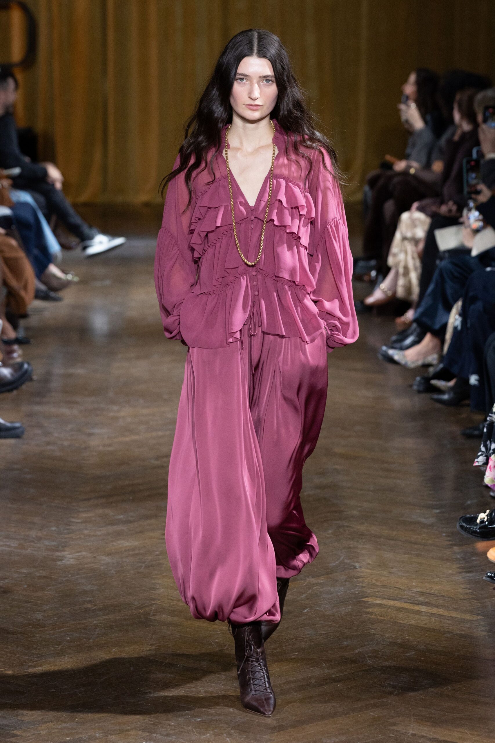 pink silk long-sleeve v-neck relaxed ruffled maxi dress