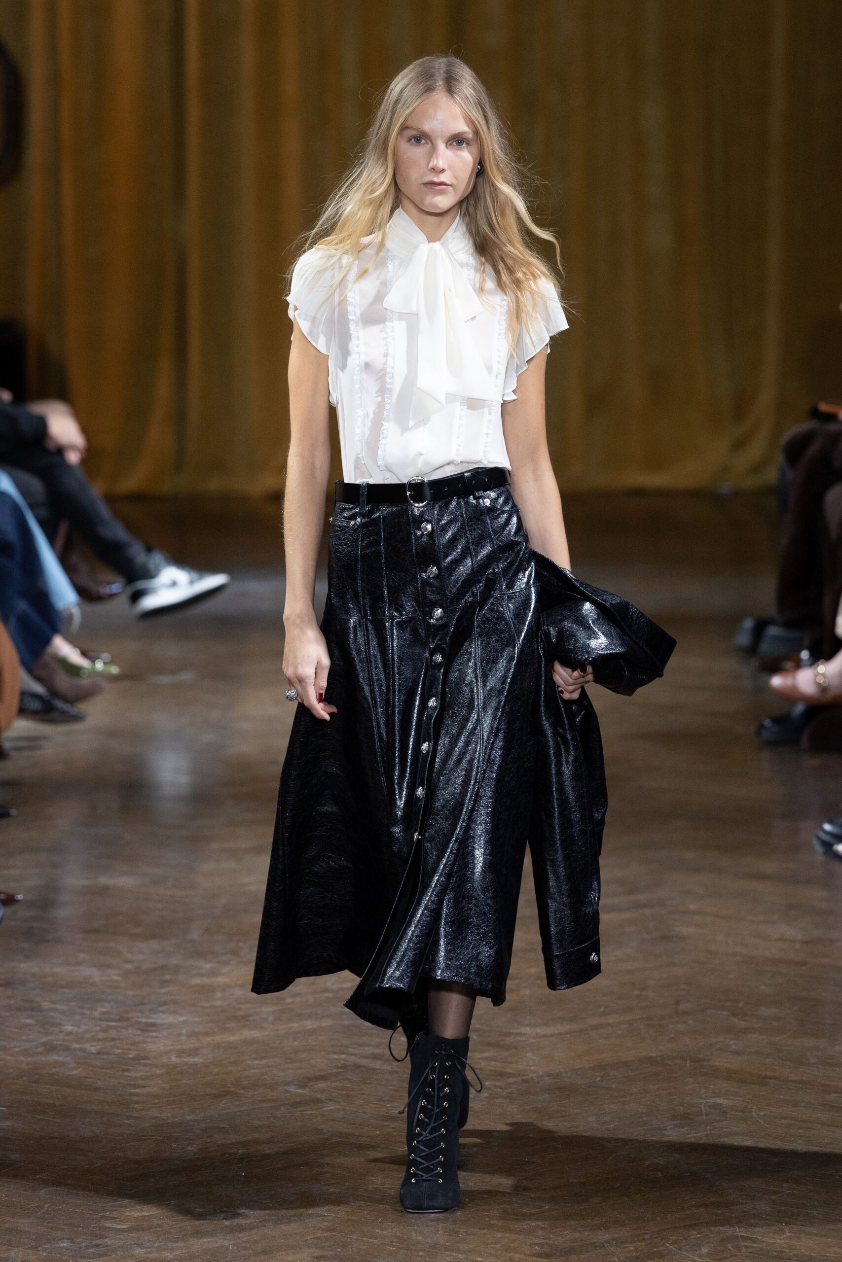 black leather fitted high-waisted buttoned pleated midi skirt