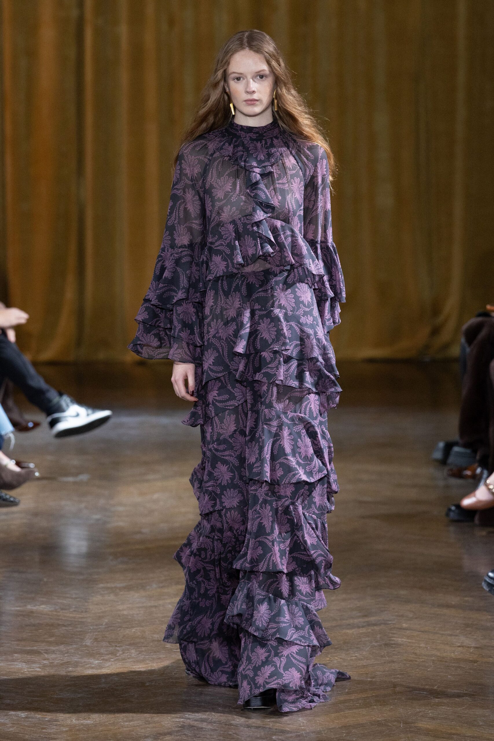purple silk ruffled gown