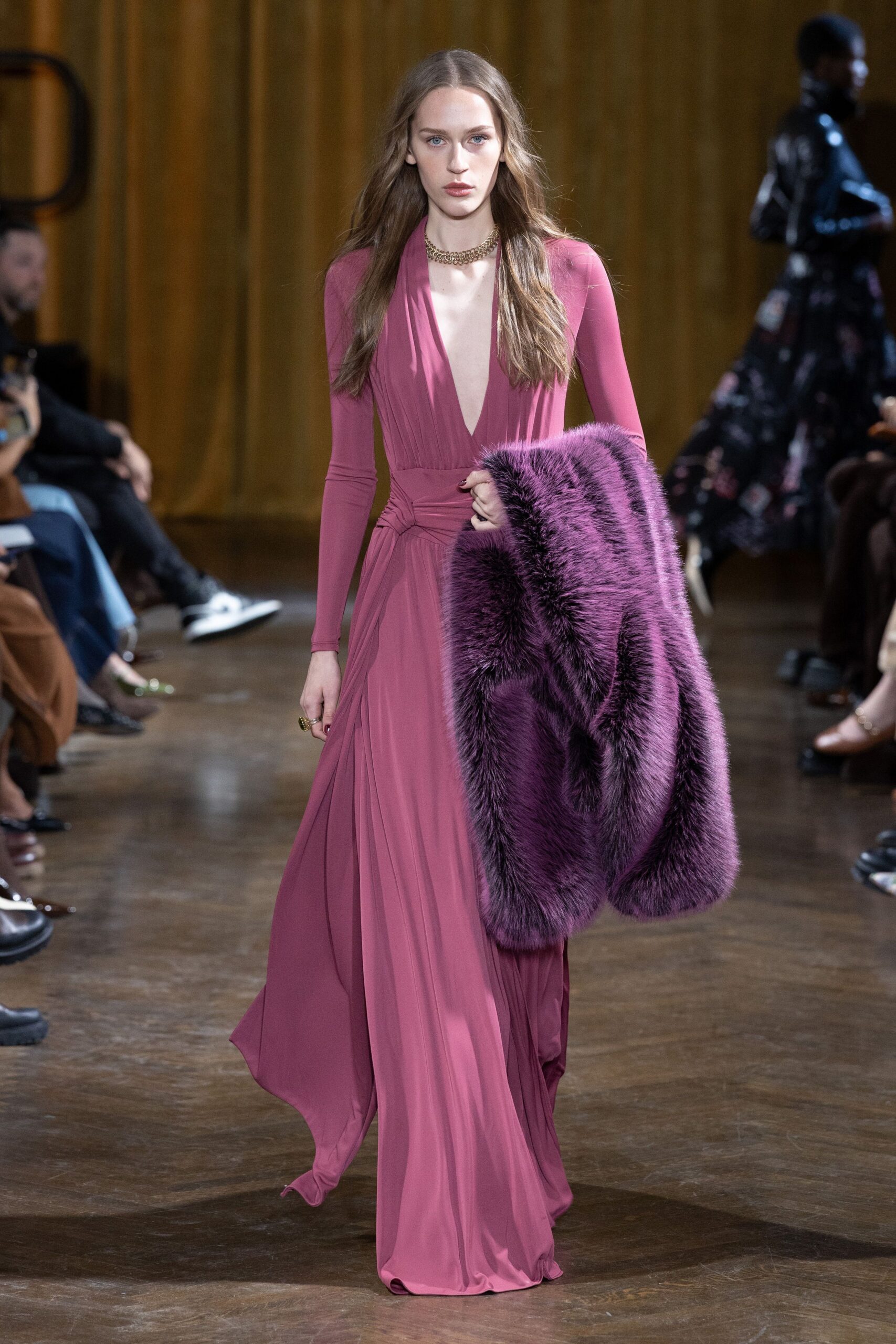 pink silk long-sleeve v-neck fitted draped flowing gown