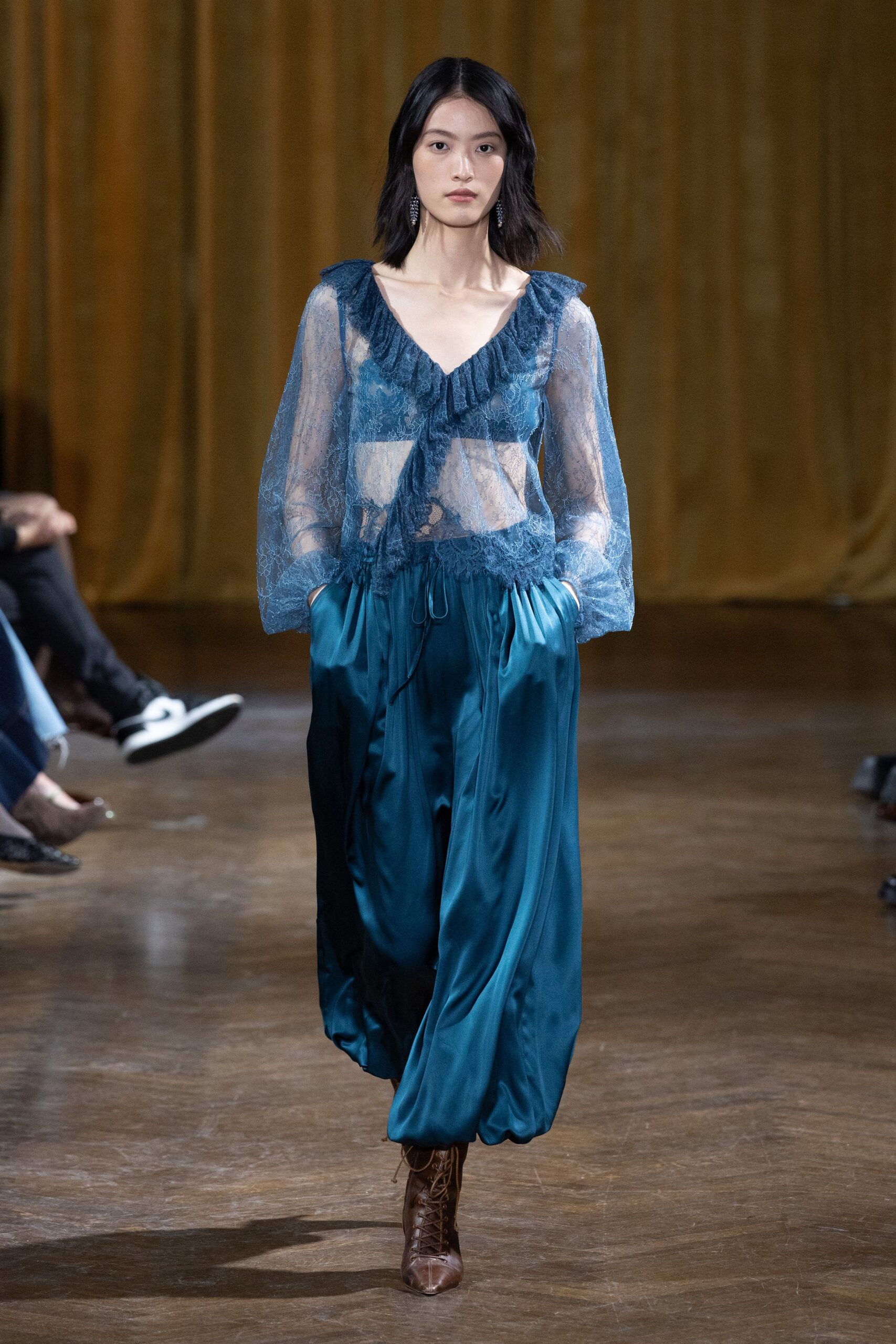 blue lace long-sleeve v-neck relaxed ruffled sheer top