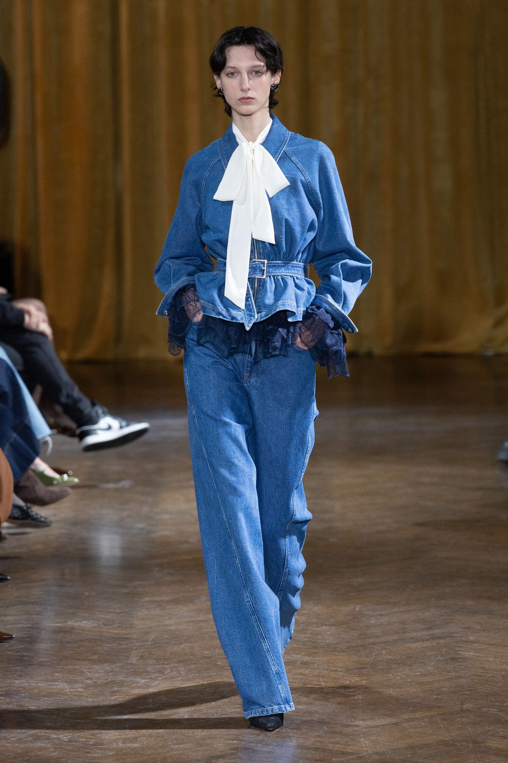 blue denim long-sleeve collared fitted ruffled jacket