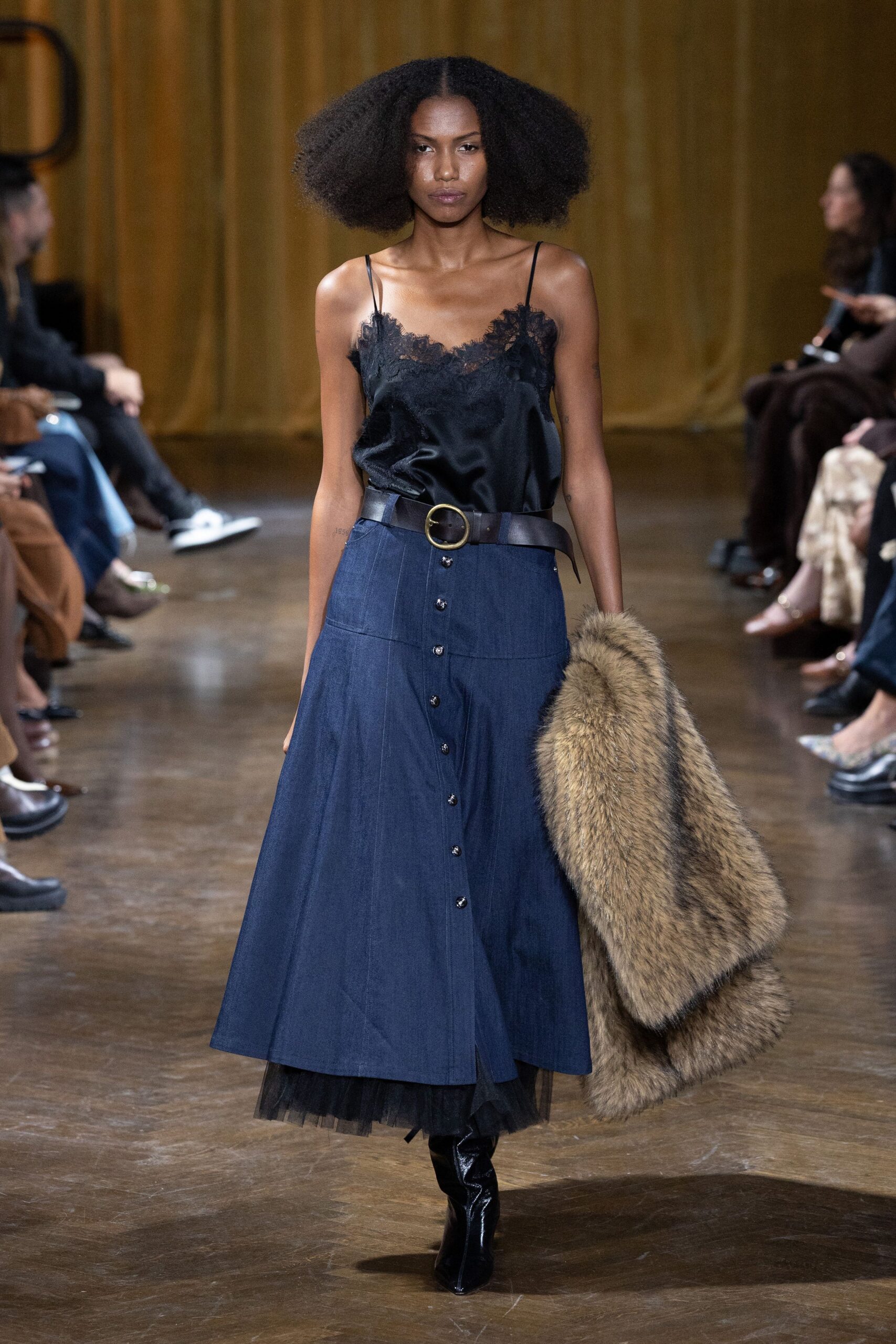 blue denim long-sleeve fitted buttoned tiered midi skirt