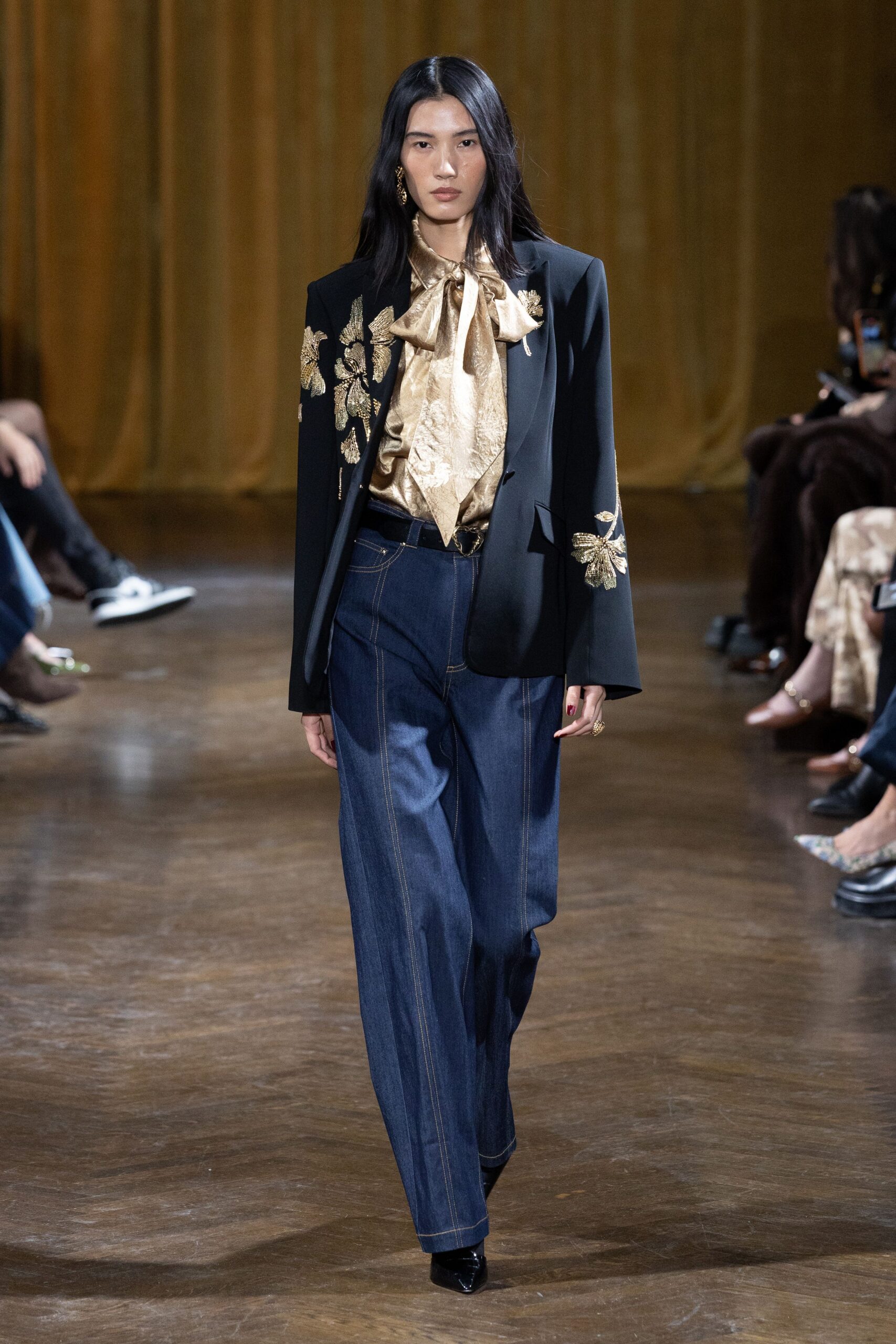 gold silk long-sleeve collared fitted shirt