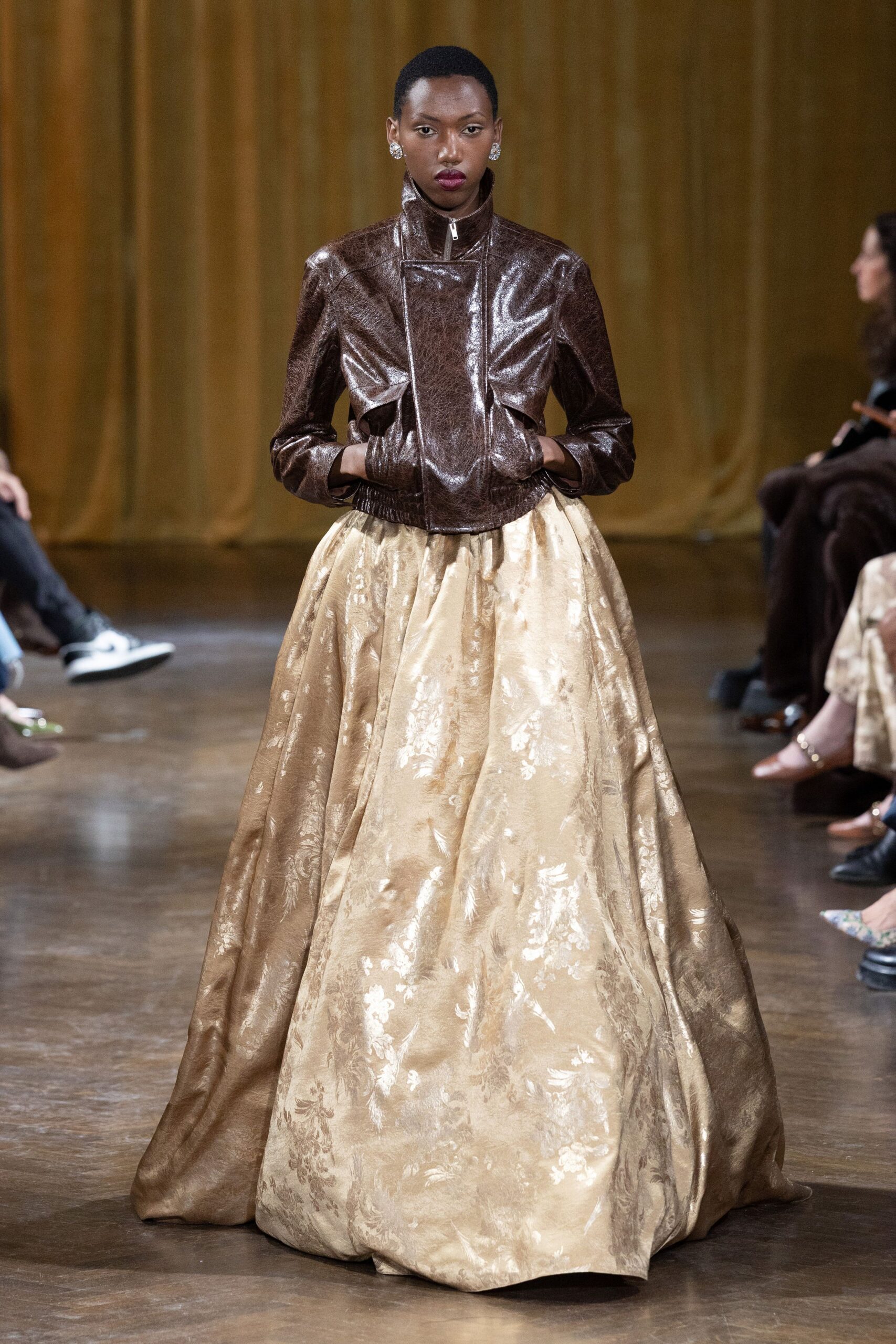 brown metallic long-sleeve collared fitted zippered shiny jacket