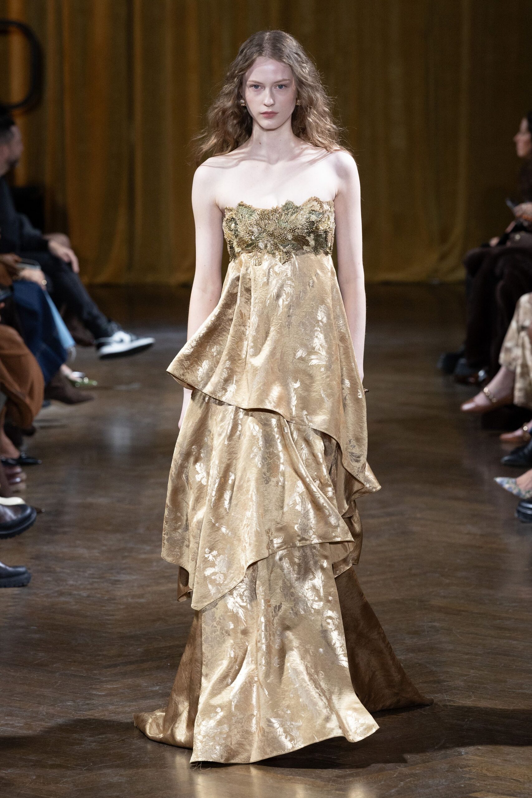 gold silk strapless gown