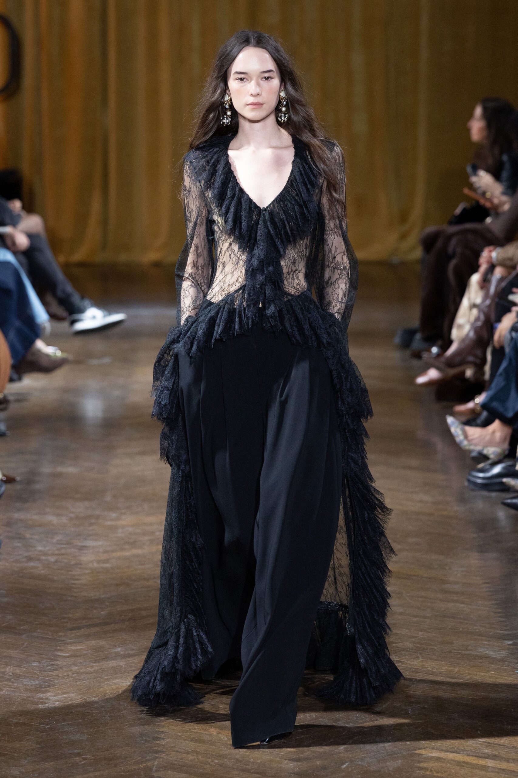 black lace long-sleeve v-neck fitted ruffled sheer top