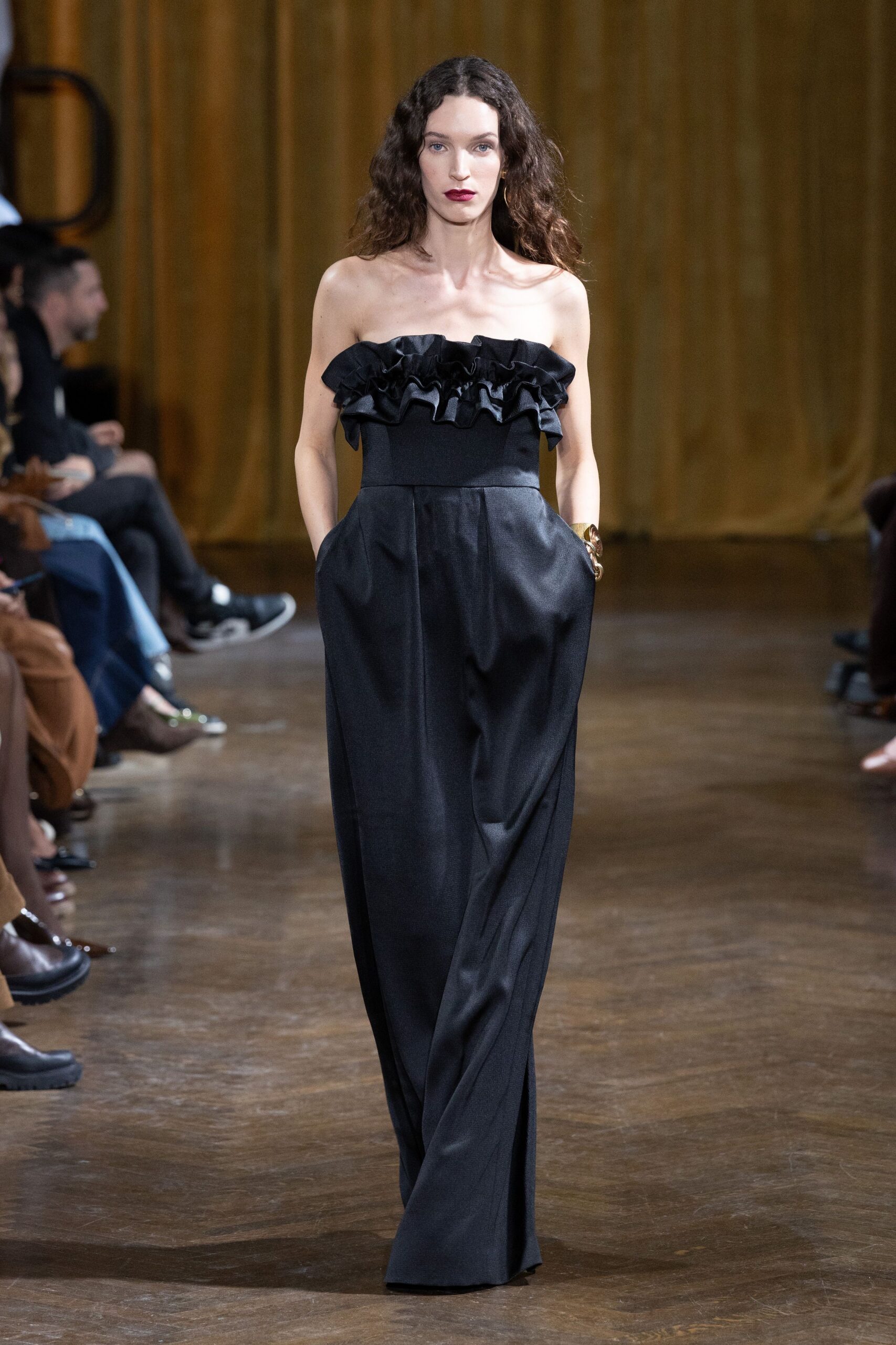 black silk strapless jumpsuit