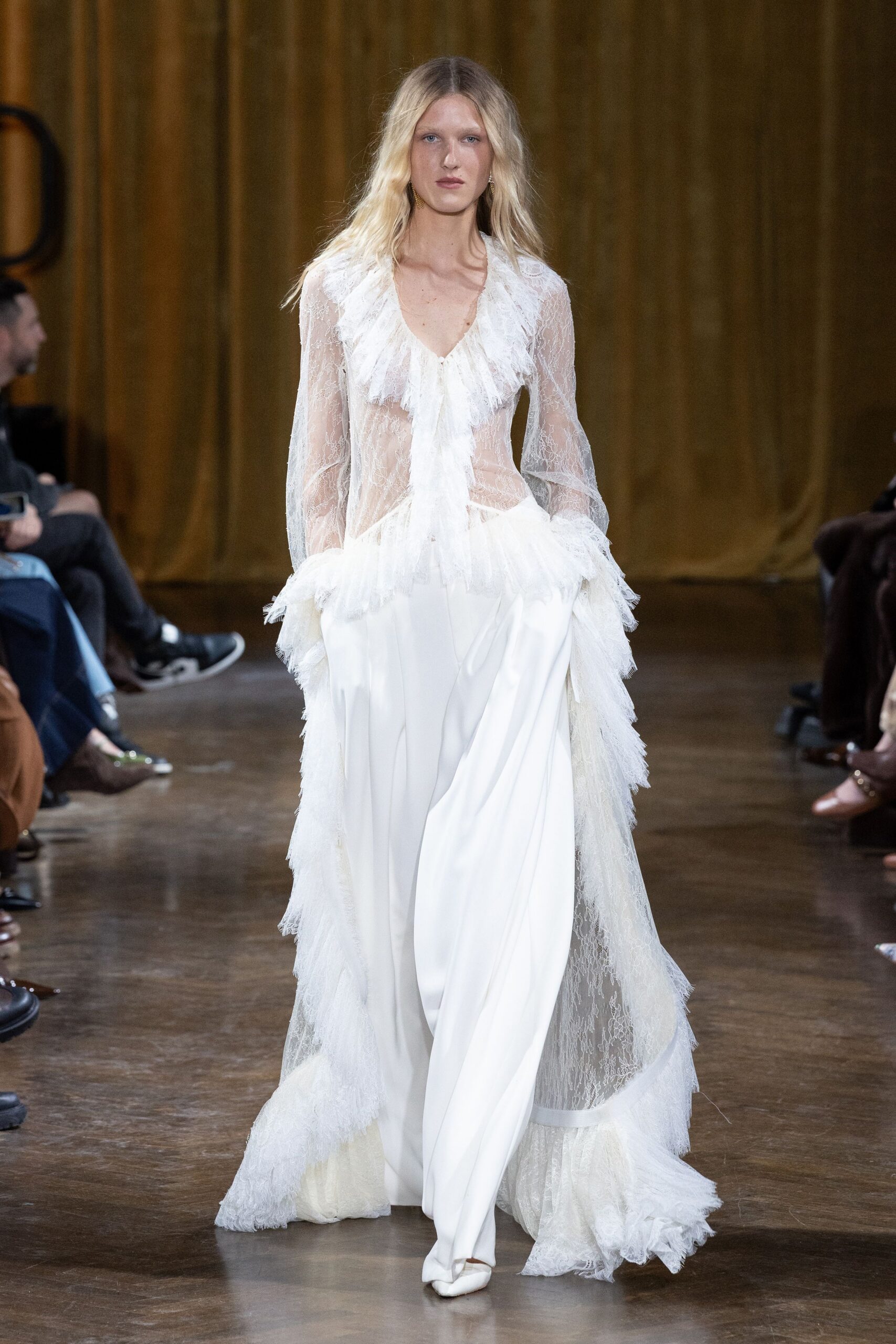 white lace long-sleeve v-neck fitted ruffled sheer gown