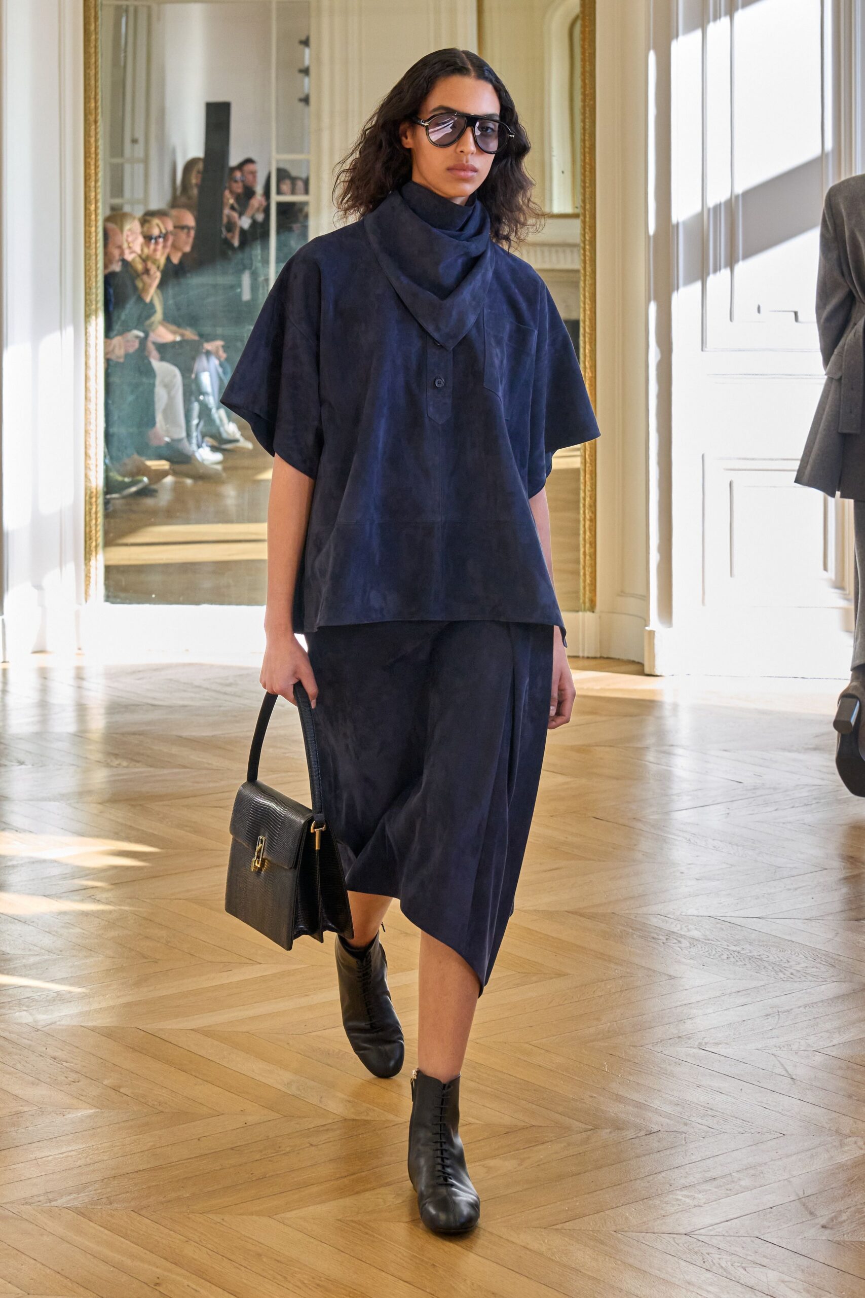 blue suede short-sleeve collared relaxed top