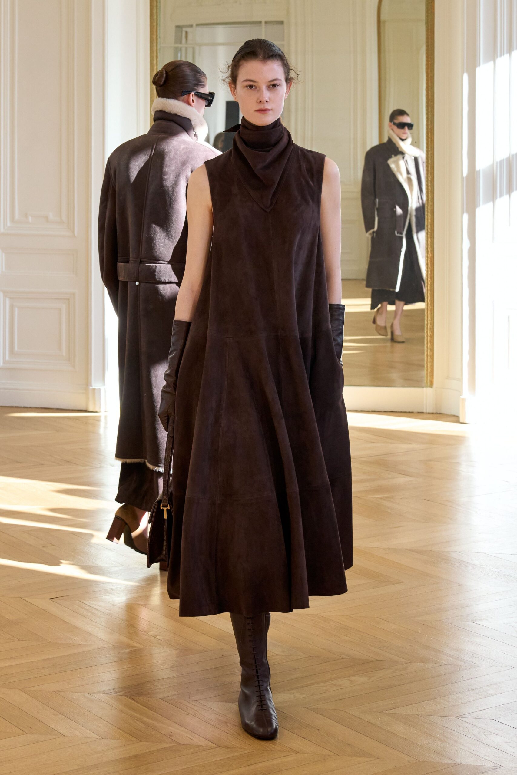 brown suede sleeveless high-neck fitted a-line pleated dress