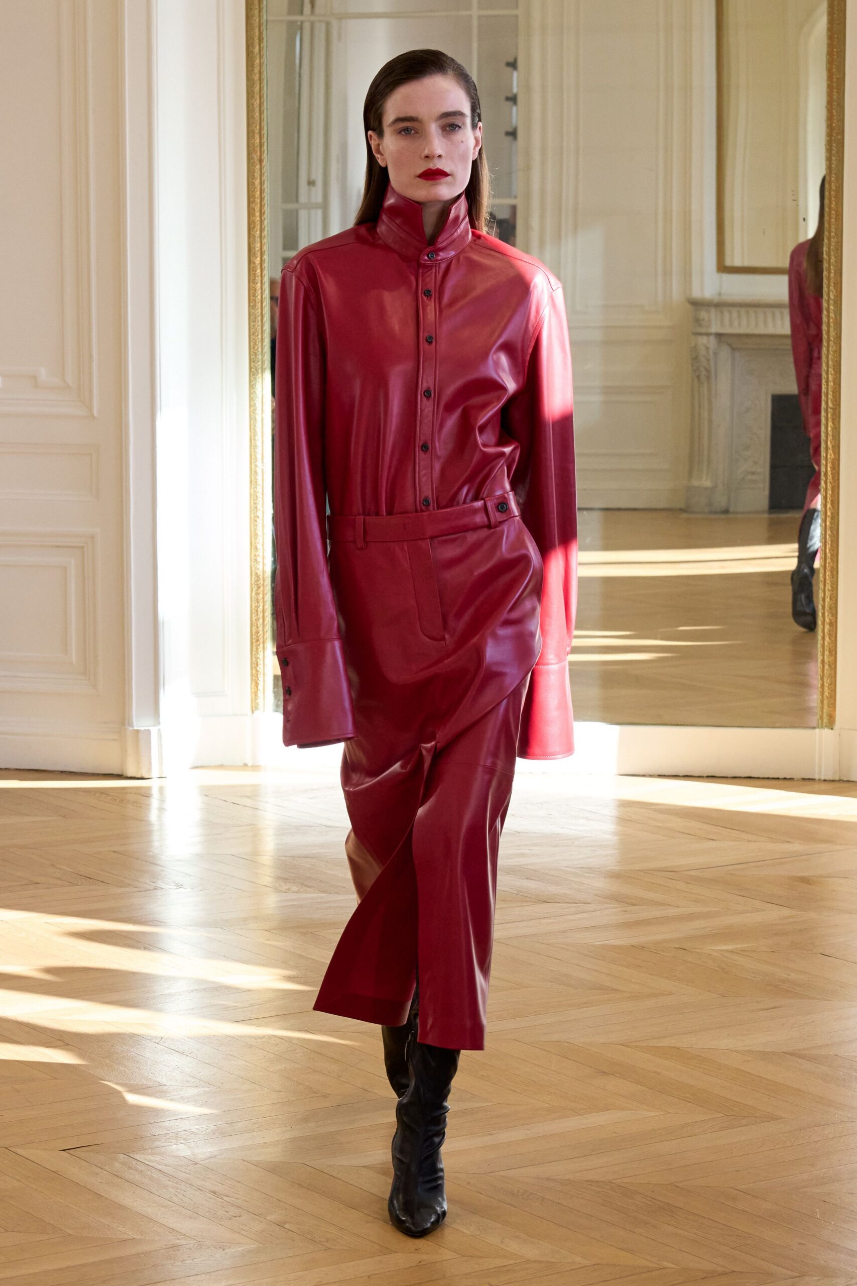 red leather long-sleeve collared fitted buttoned zippered dress