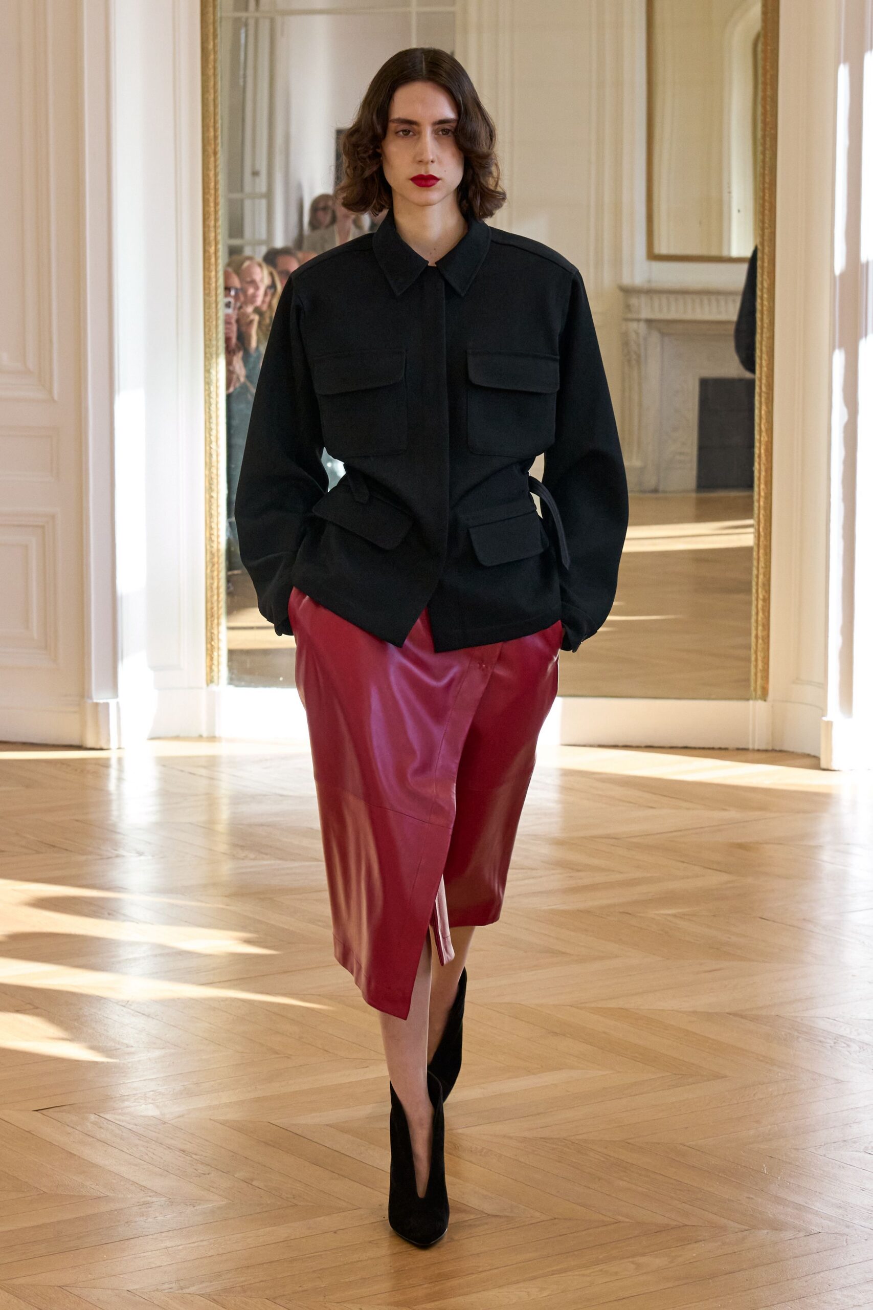 red leather asymmetric fitted zippered skirt