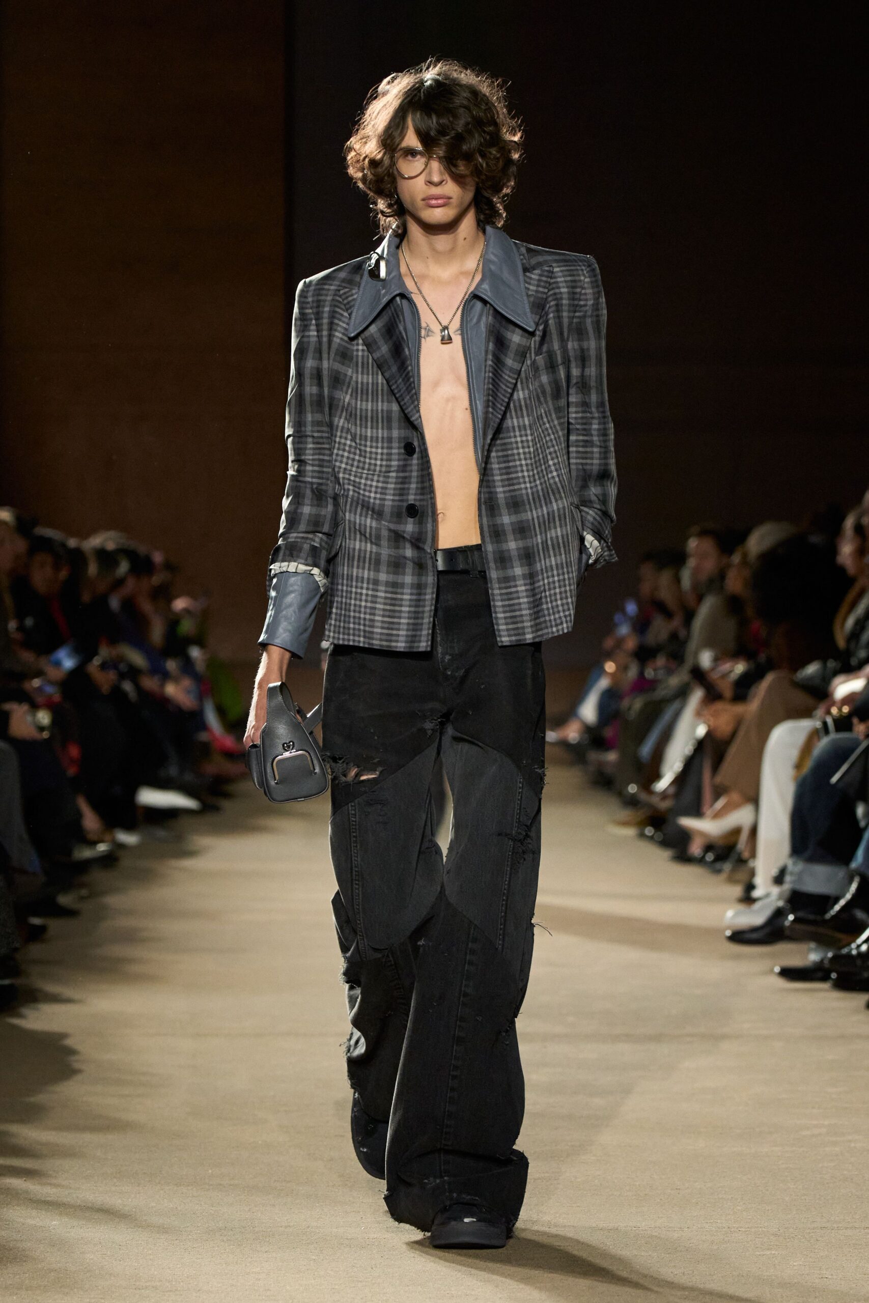 gray checked blazer with distressed pants