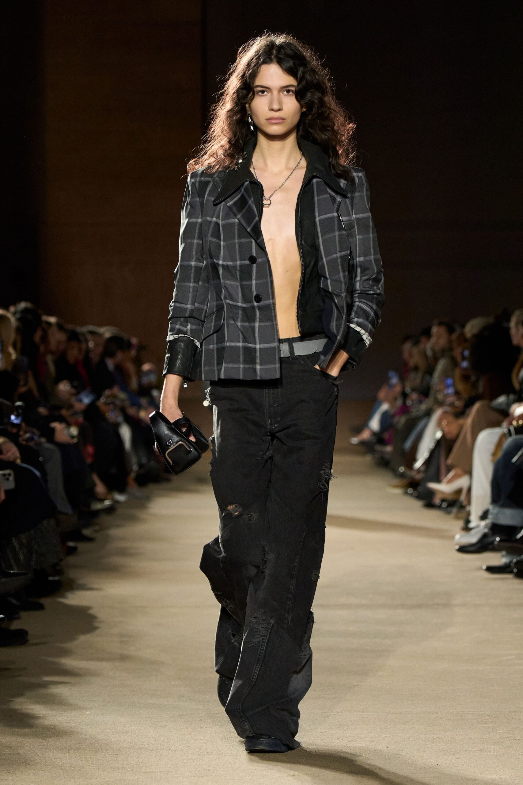 black checked jacket with distressed pants