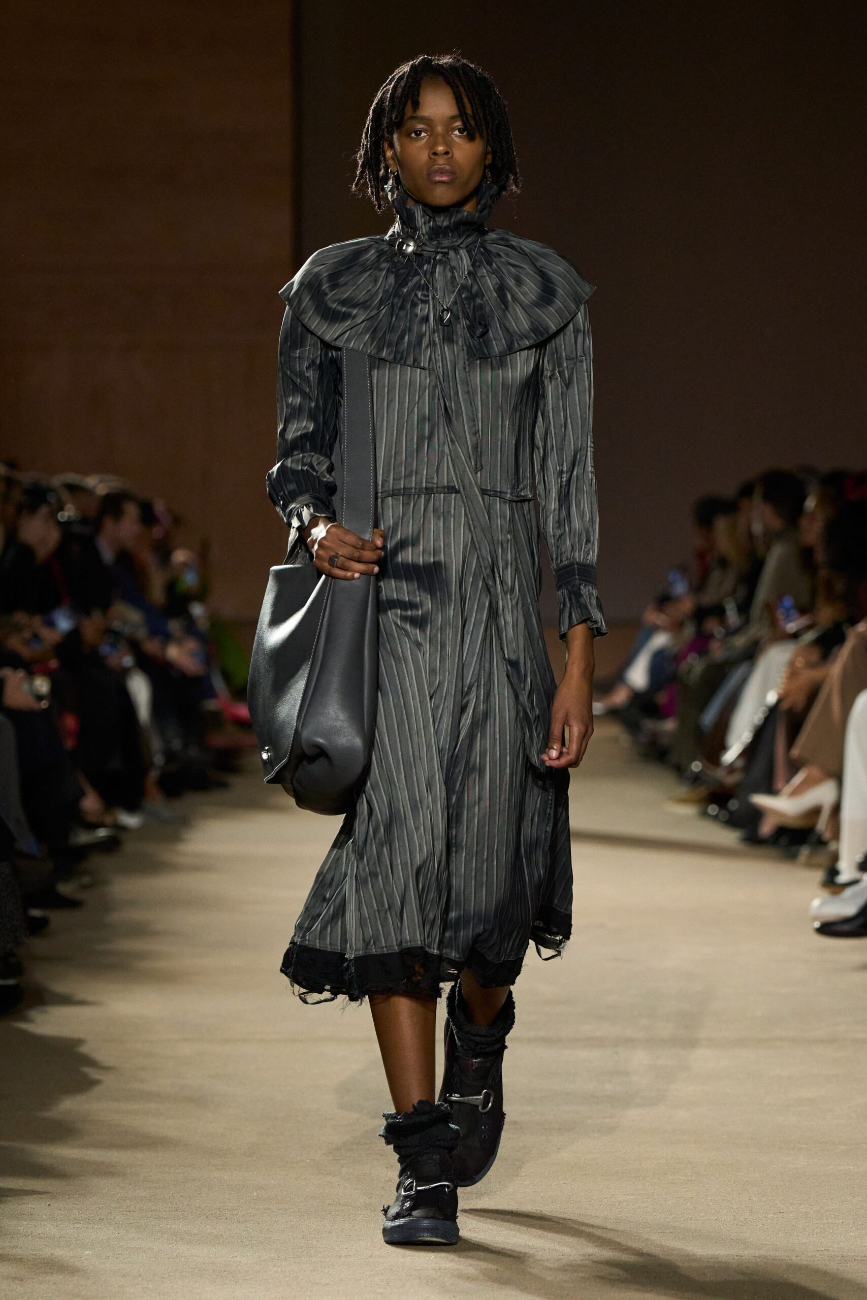 black silk long-sleeve collared fitted striped ruffled dress
