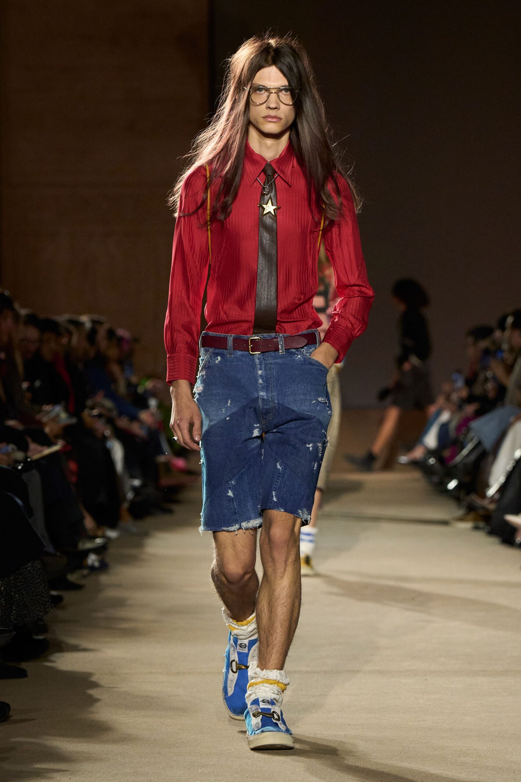 red cotton long-sleeve collared fitted buttoned pleated shirt
