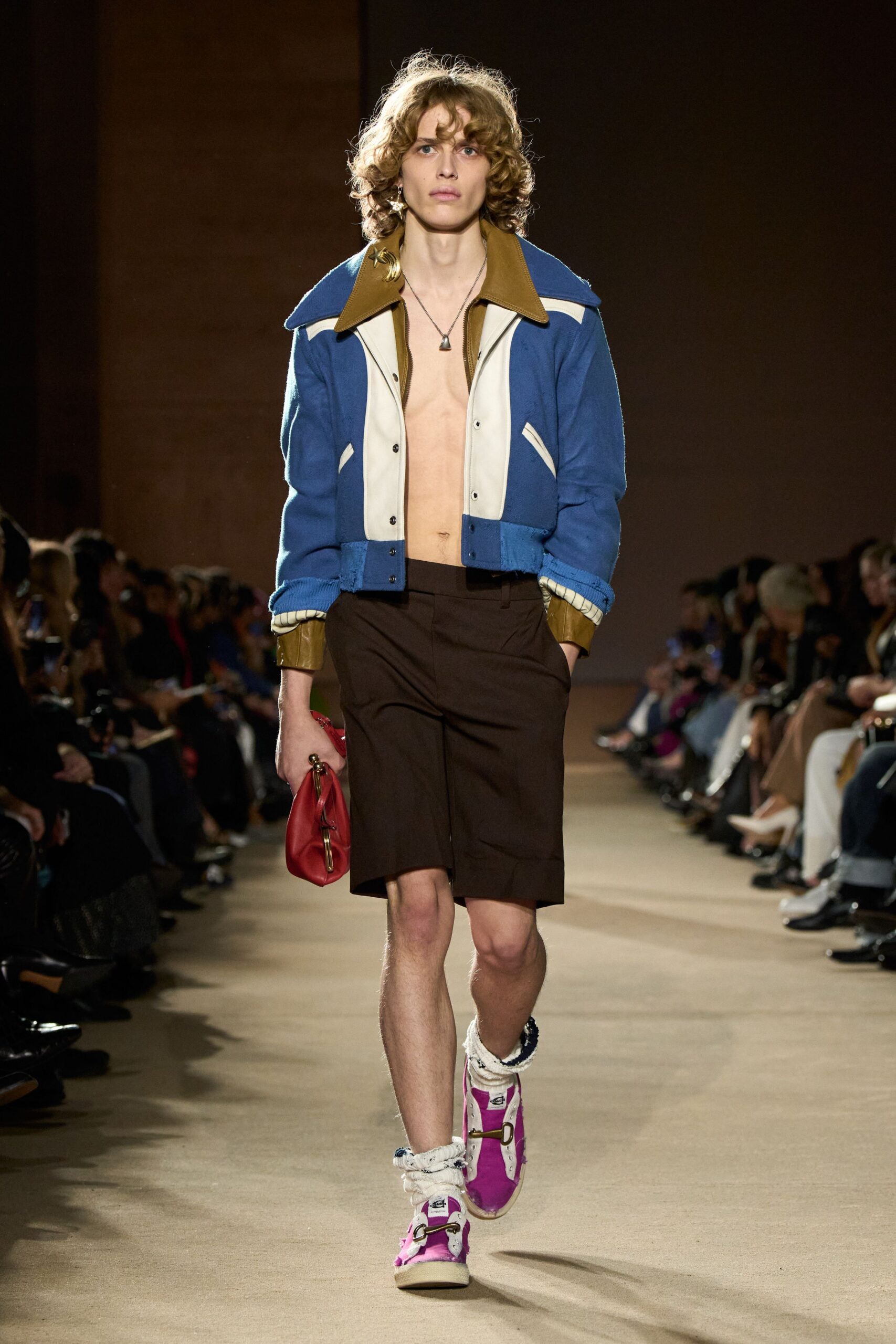 blue jacket brown shorts outfit