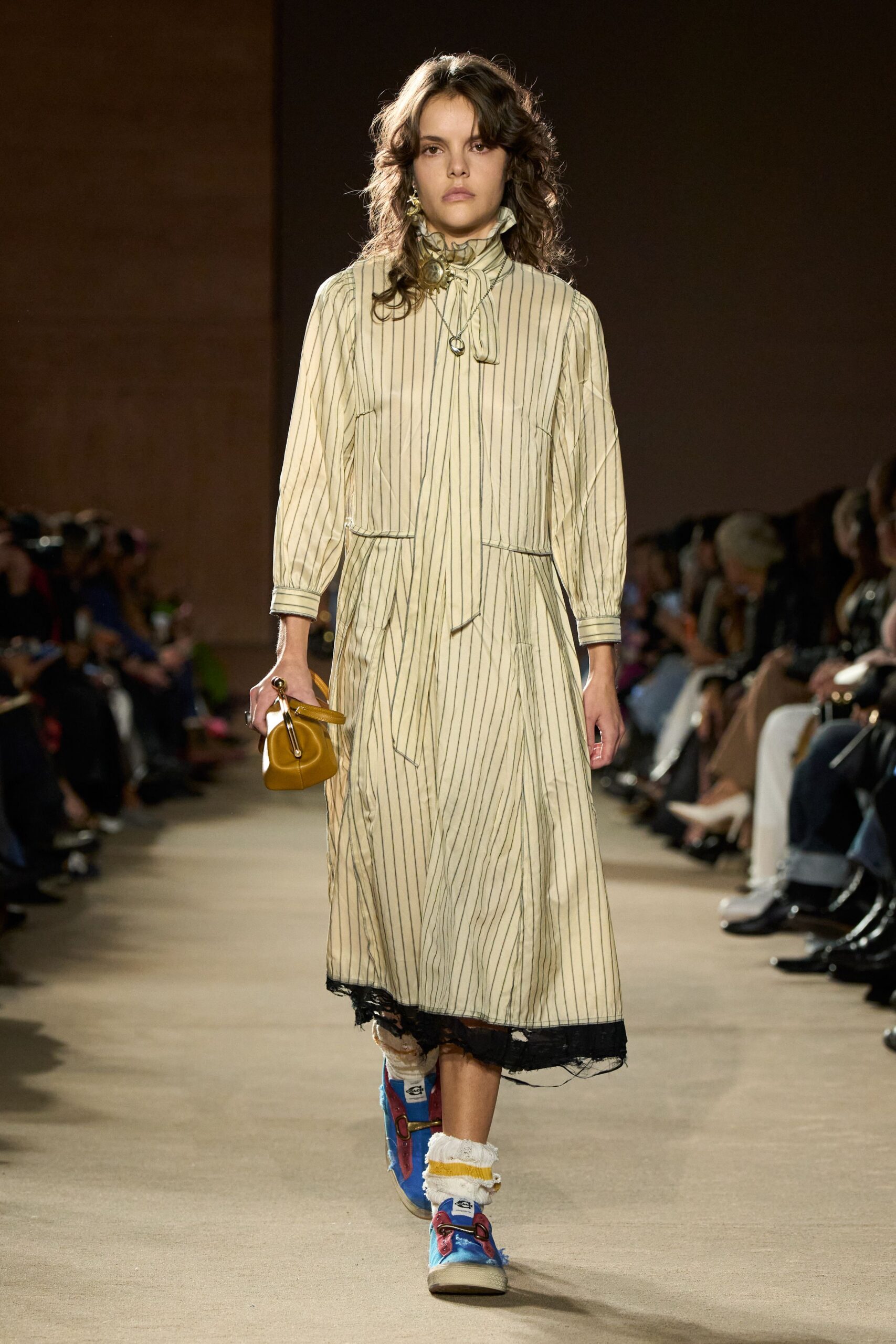 beige cotton long-sleeve collared relaxed striped belted dress