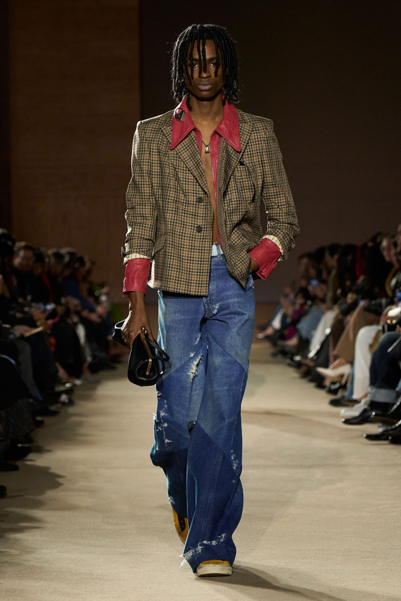brown checked blazer with distressed jeans