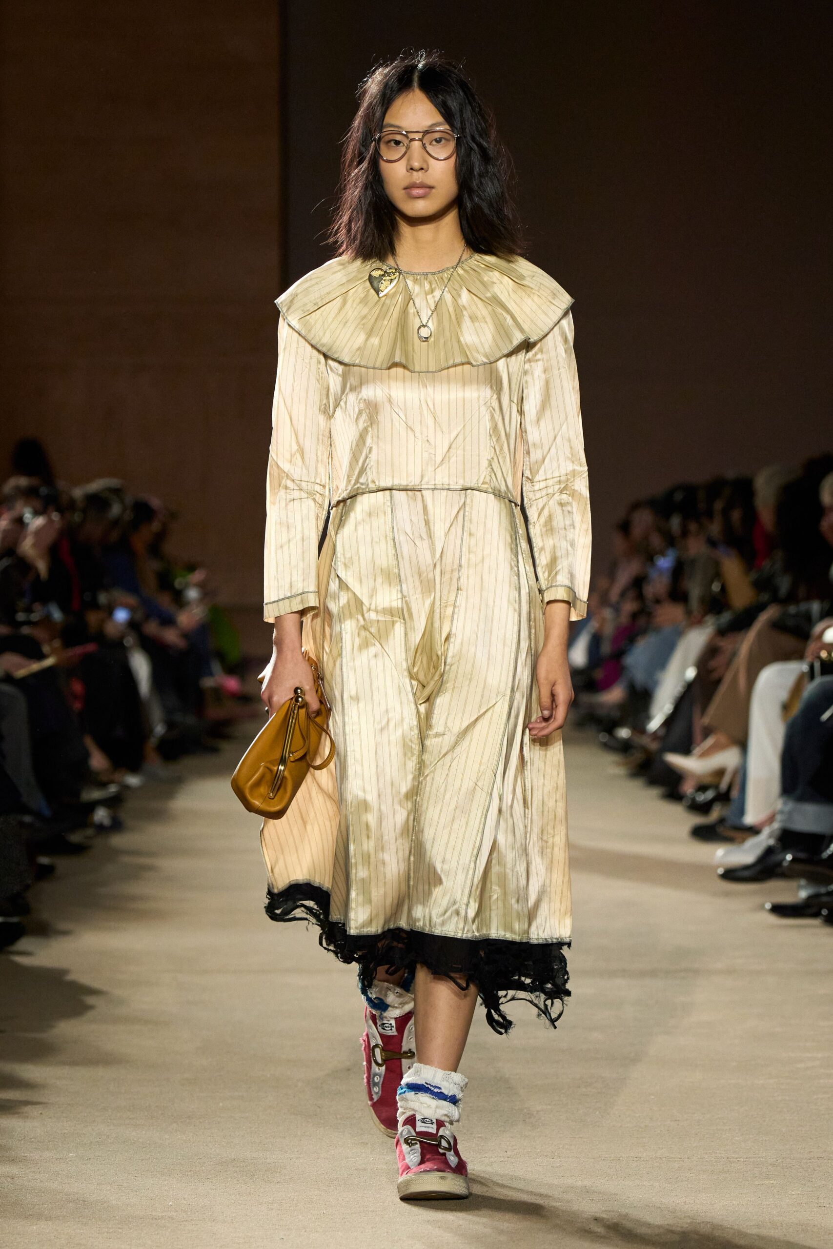 gold silk long-sleeve collared relaxed pleated layered dress