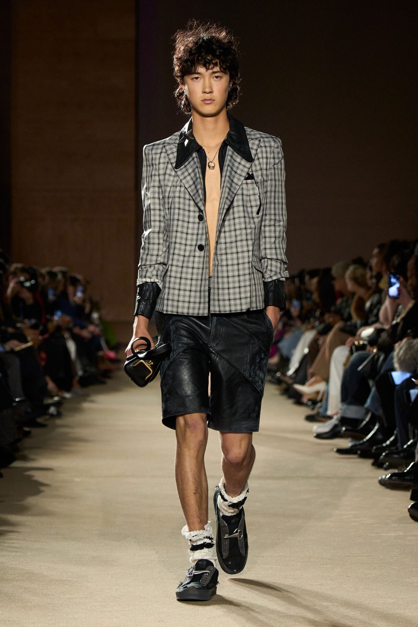 checked blazer with leather shorts
