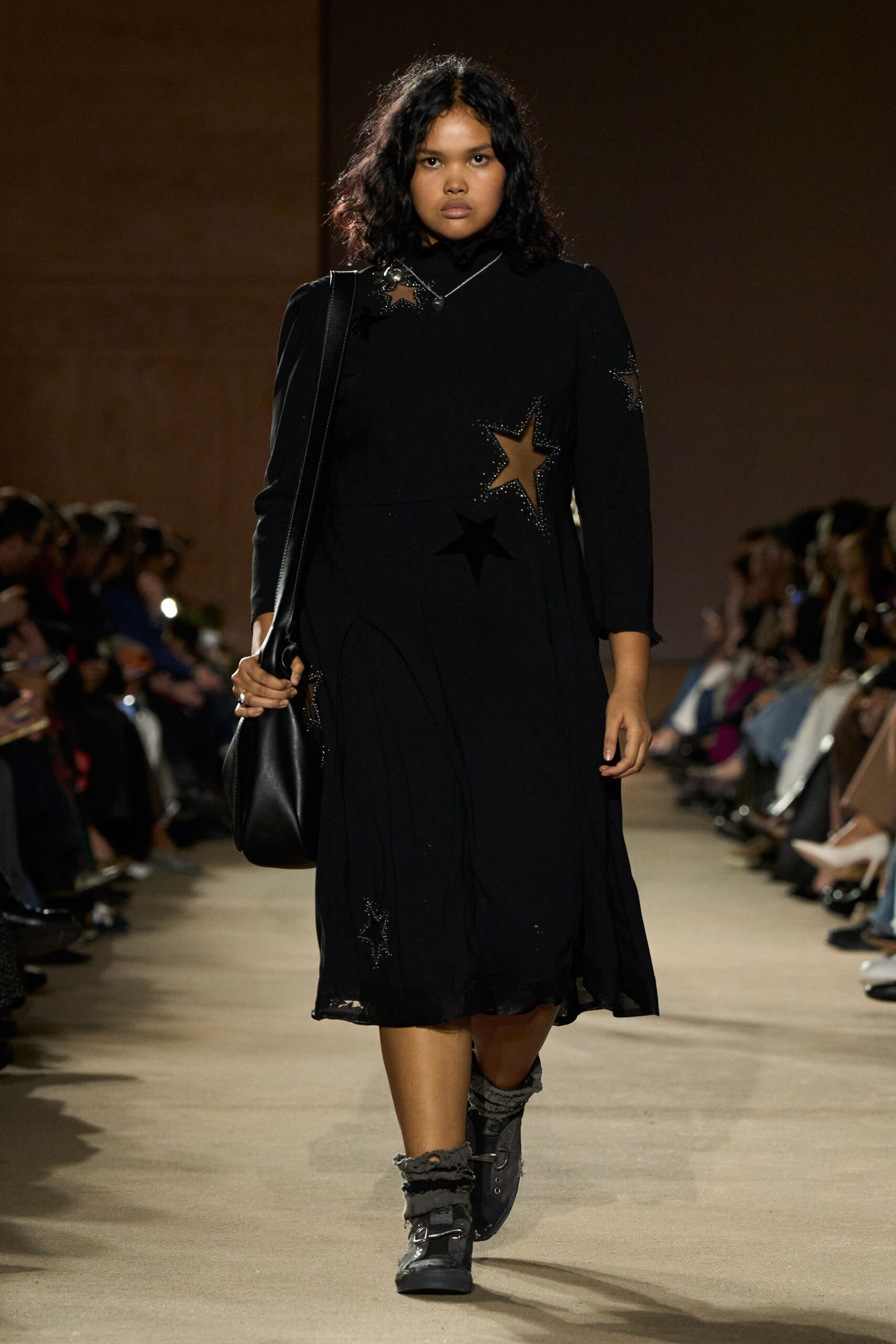 black cotton long-sleeve collared relaxed embroidered midi dress