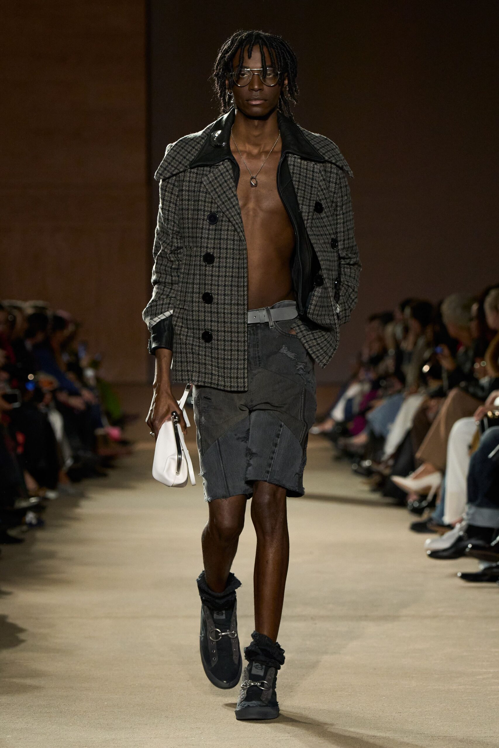 gray cotton long-sleeve collared structured checked jacket